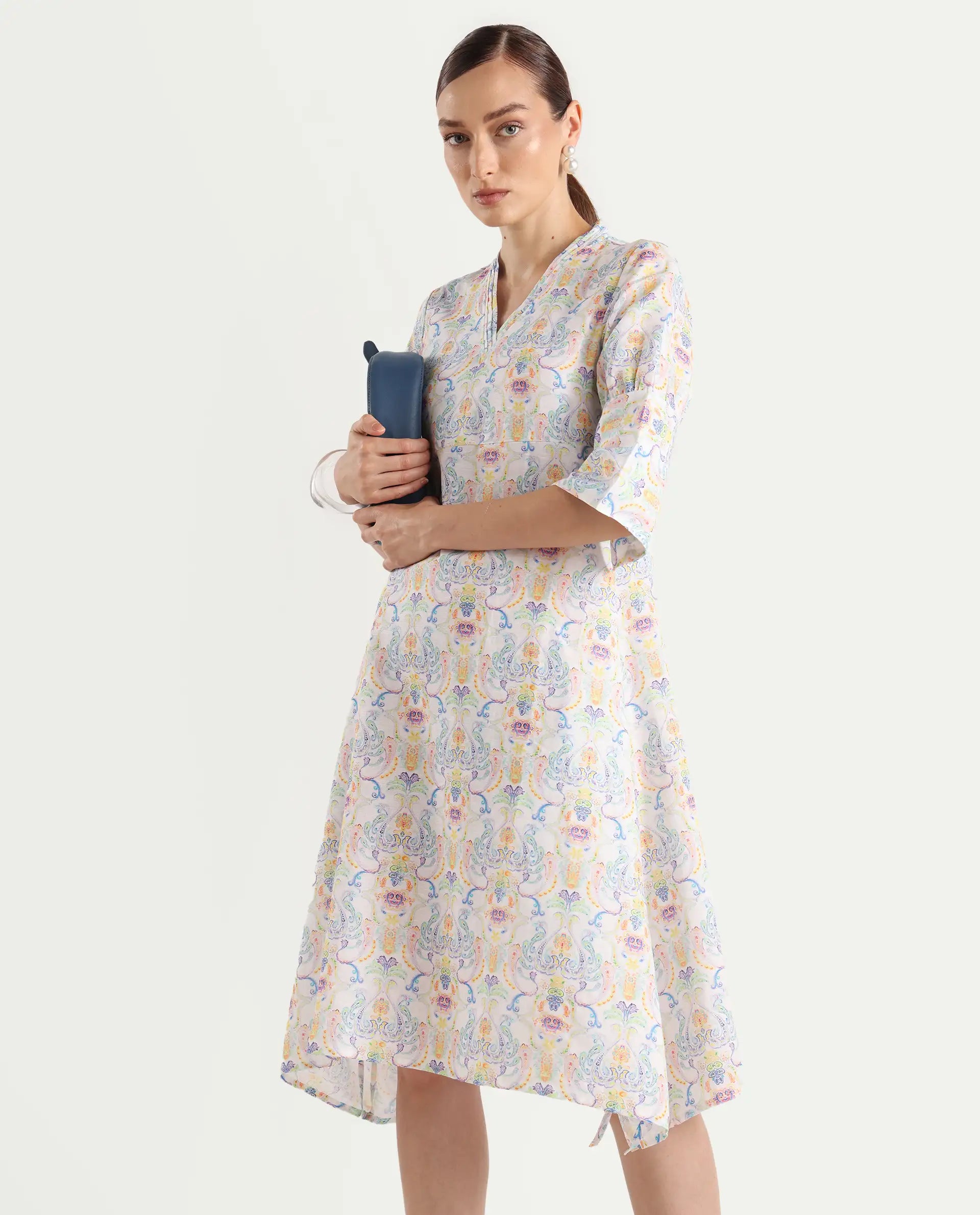 Rareism Women's Wherry Multi Linen V-Neck Abstract Print Midi Regular Fit Dress