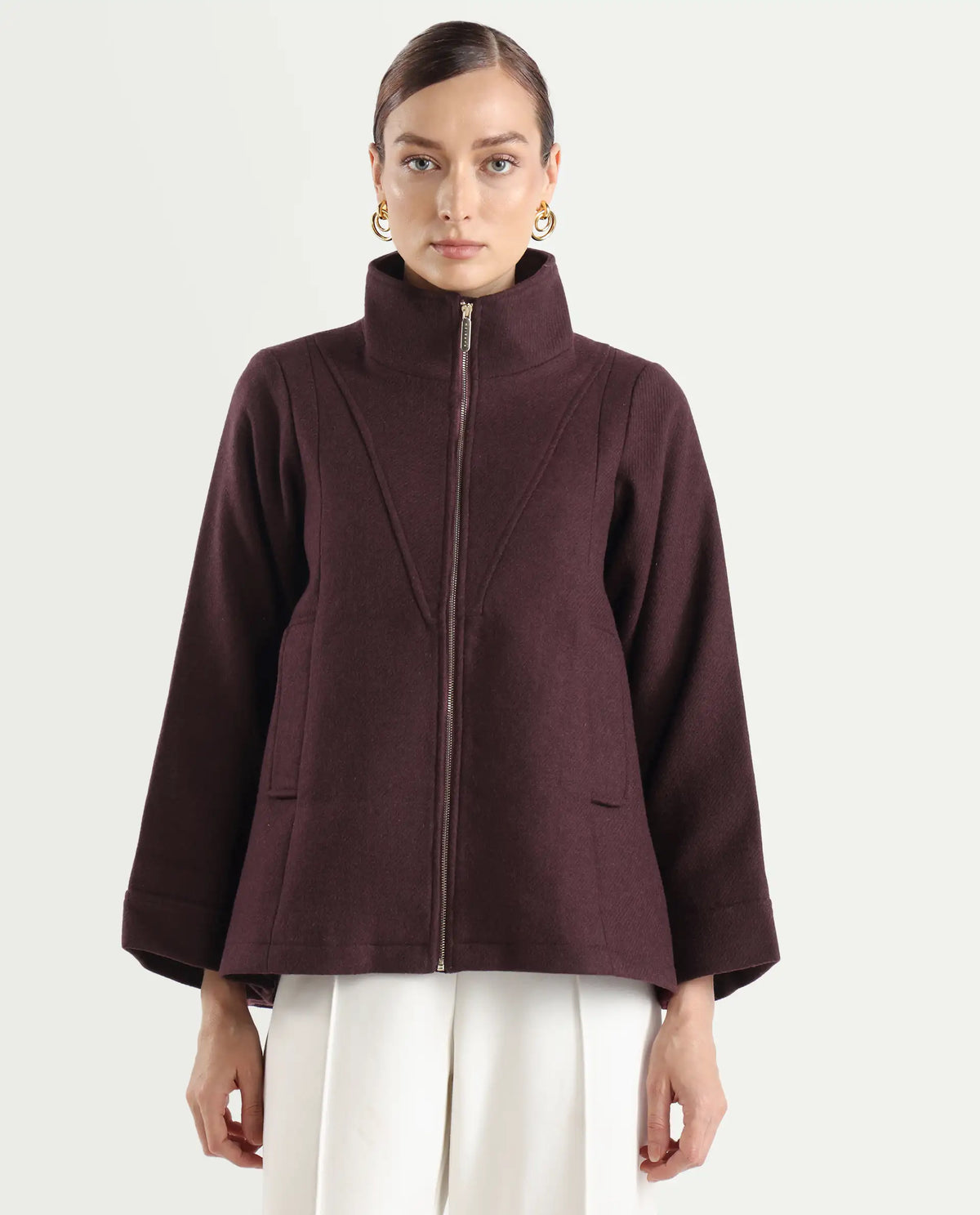 Rareism Women's Whyla Dark Maroon Stand Collar Plain Raglan Sleeve Boxy Fit Jacket