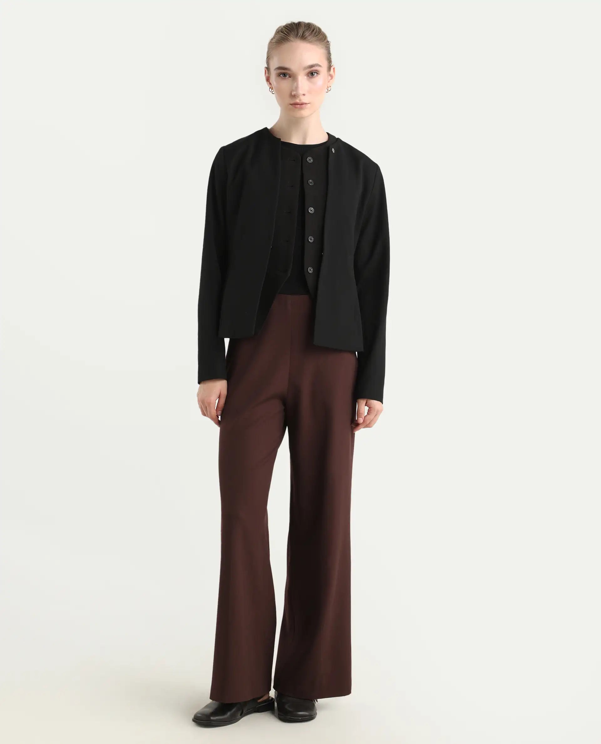 Rareism Women Wido Deep Red Polyester Blend Button Closure Wide Leg Fit Plain Travel Trouser