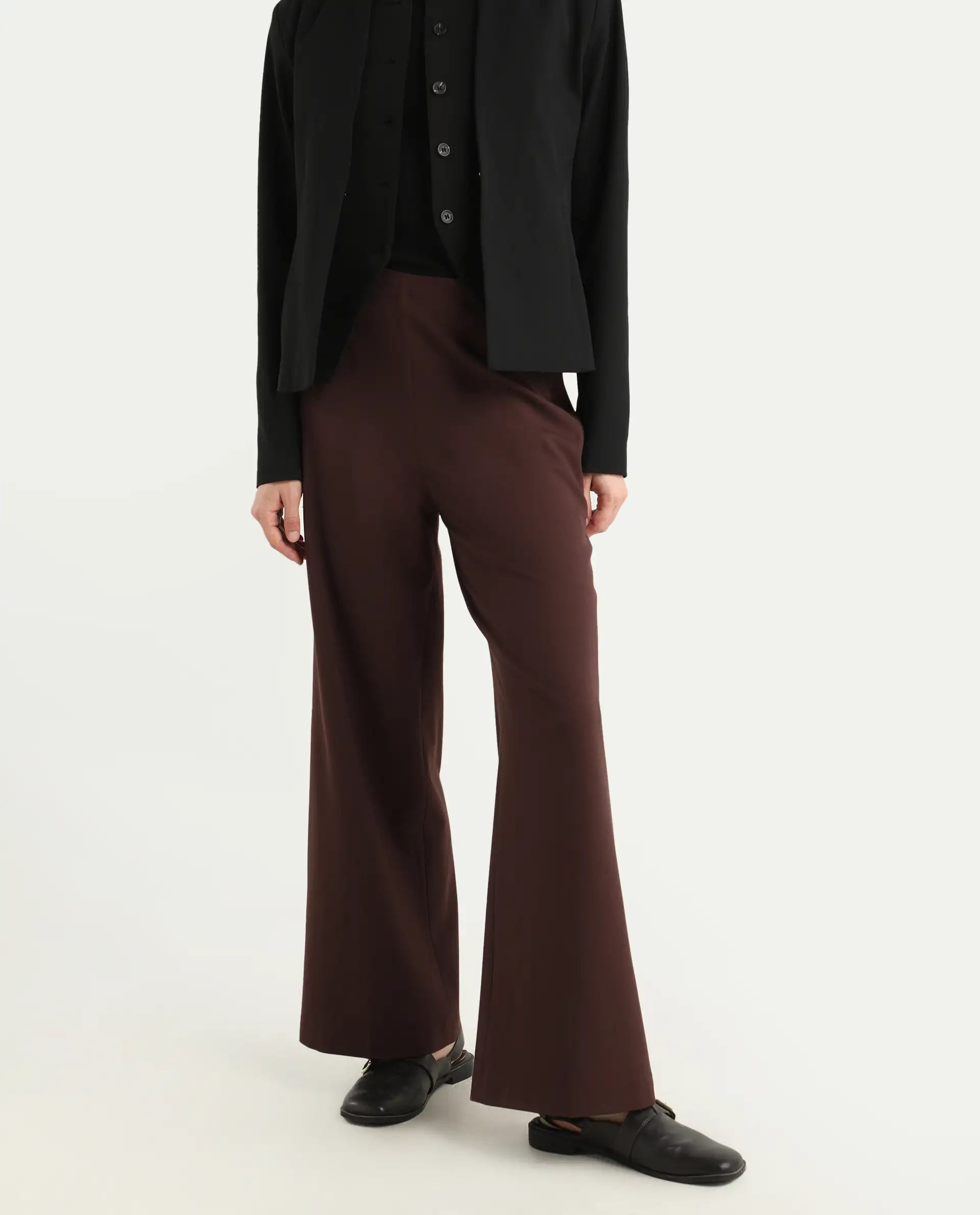 Rareism Women Wido Deep Red Polyester Blend Button Closure Wide Leg Fit Plain Travel Trouser