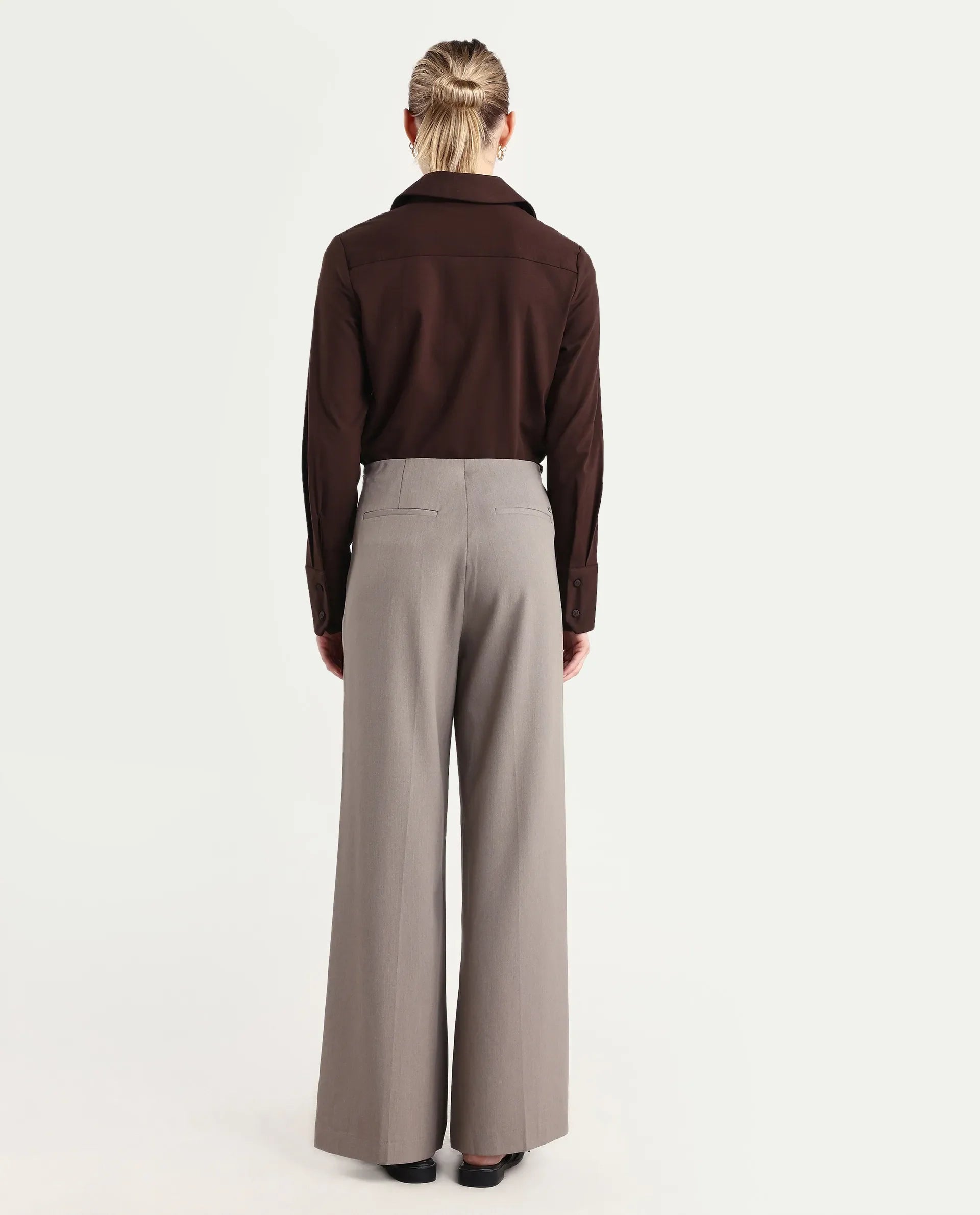 Rareism Women Wido Fawn Polyester Blend Fabric Button Closure Wide Leg Fit Plain Travel Trouser