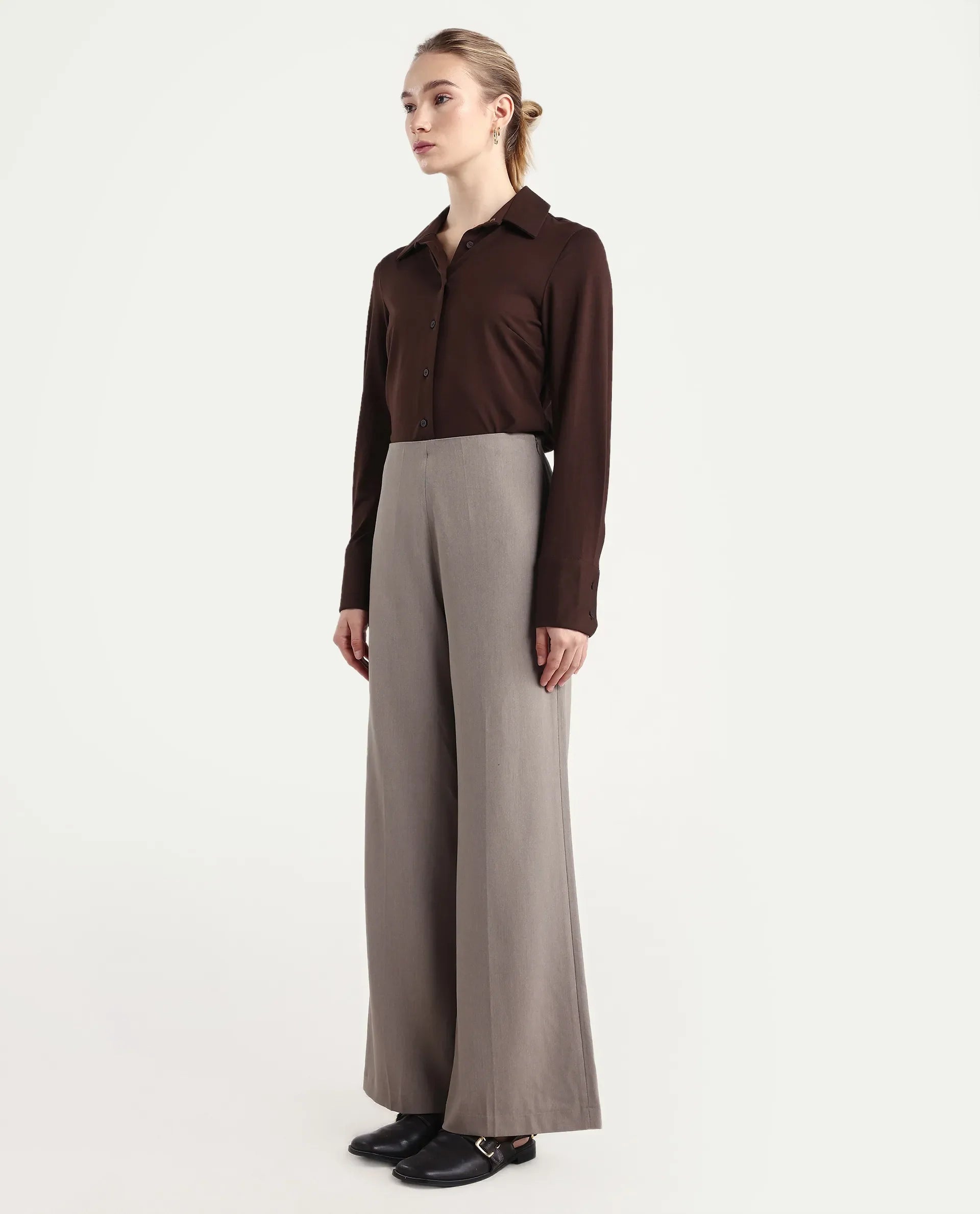 Rareism Women Wido Fawn Polyester Blend Fabric Button Closure Wide Leg Fit Plain Travel Trouser