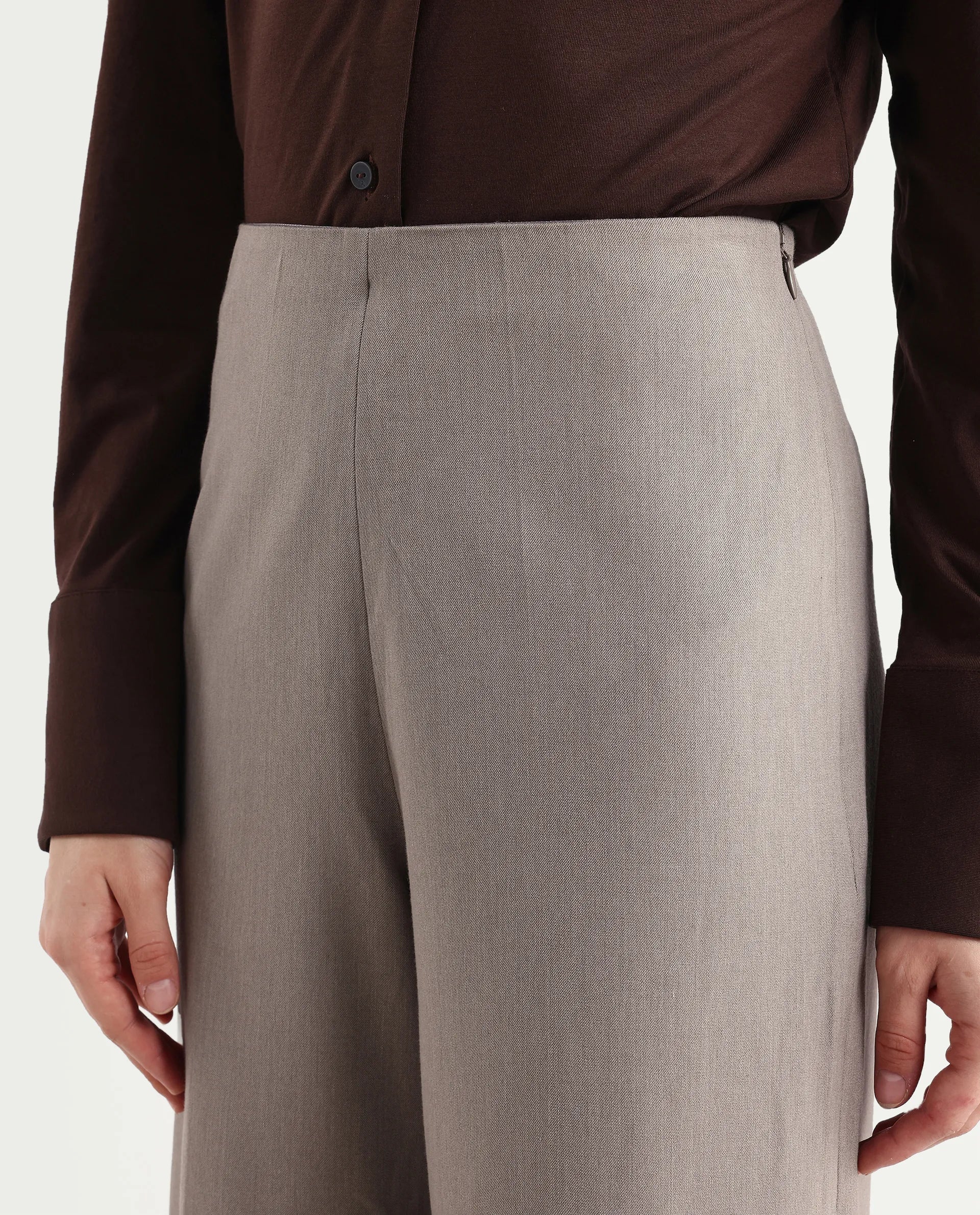 Rareism Women Wido Fawn Polyester Blend Fabric Button Closure Wide Leg Fit Plain Travel Trouser