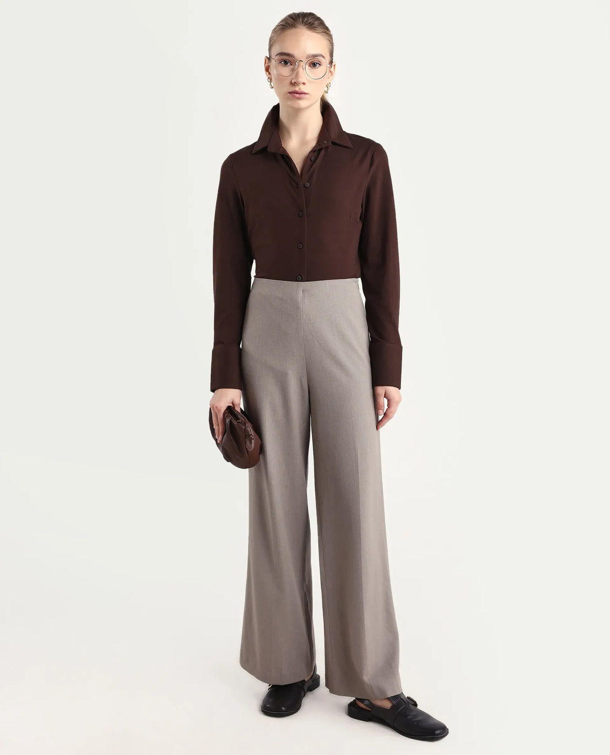 Rareism Women Wido Fawn Polyester Blend Fabric Button Closure Wide Leg Fit Plain Travel Trouser