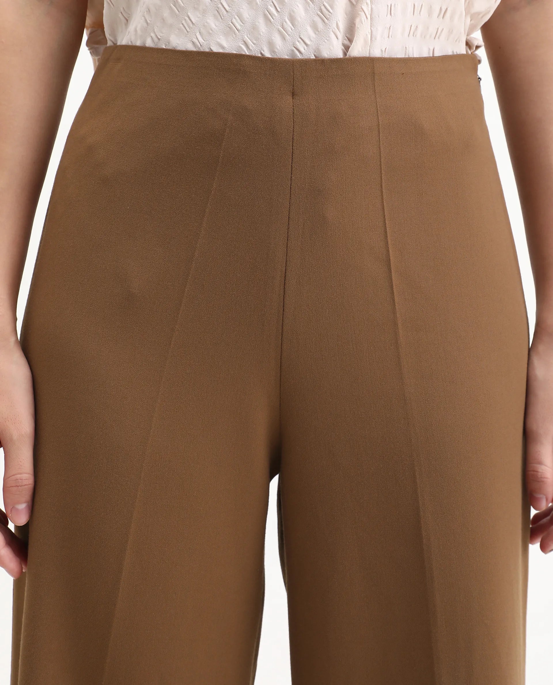Rareism Women's Wido Light Brown Polyester Blend Wide Leg Plain Travel Trouser