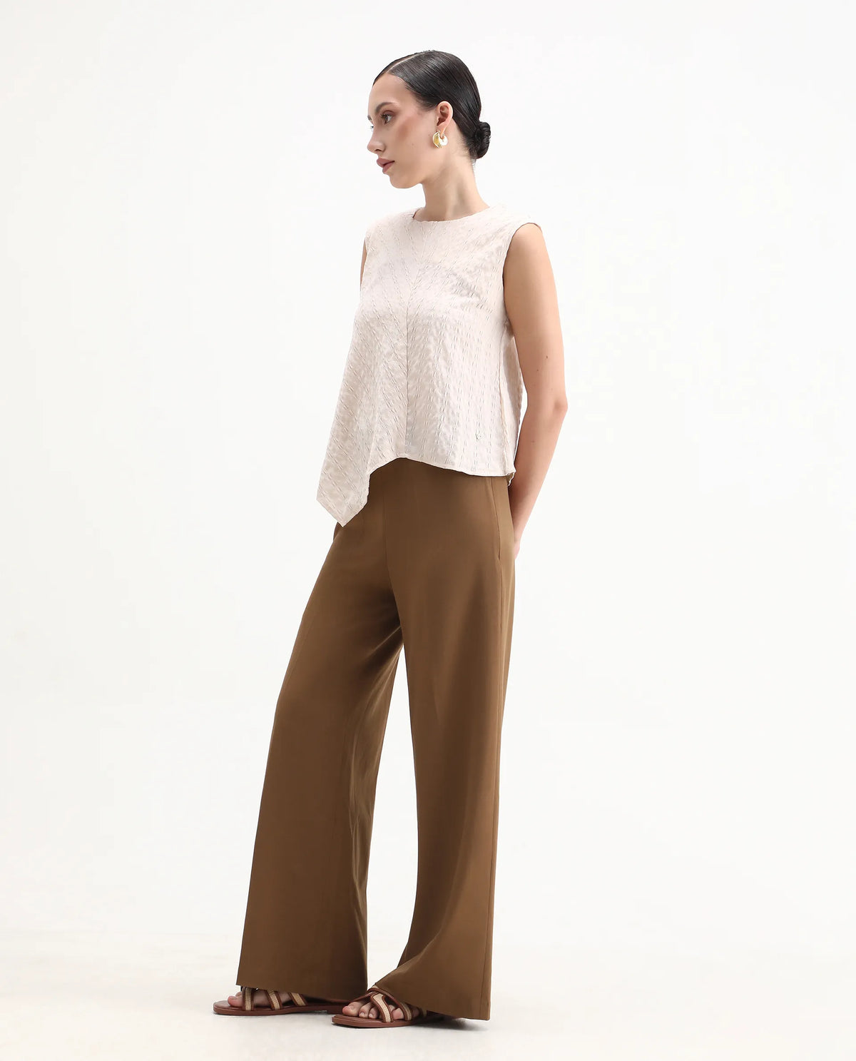 Rareism Women's Wido Light Brown Polyester Blend Wide Leg Plain Travel Trouser
