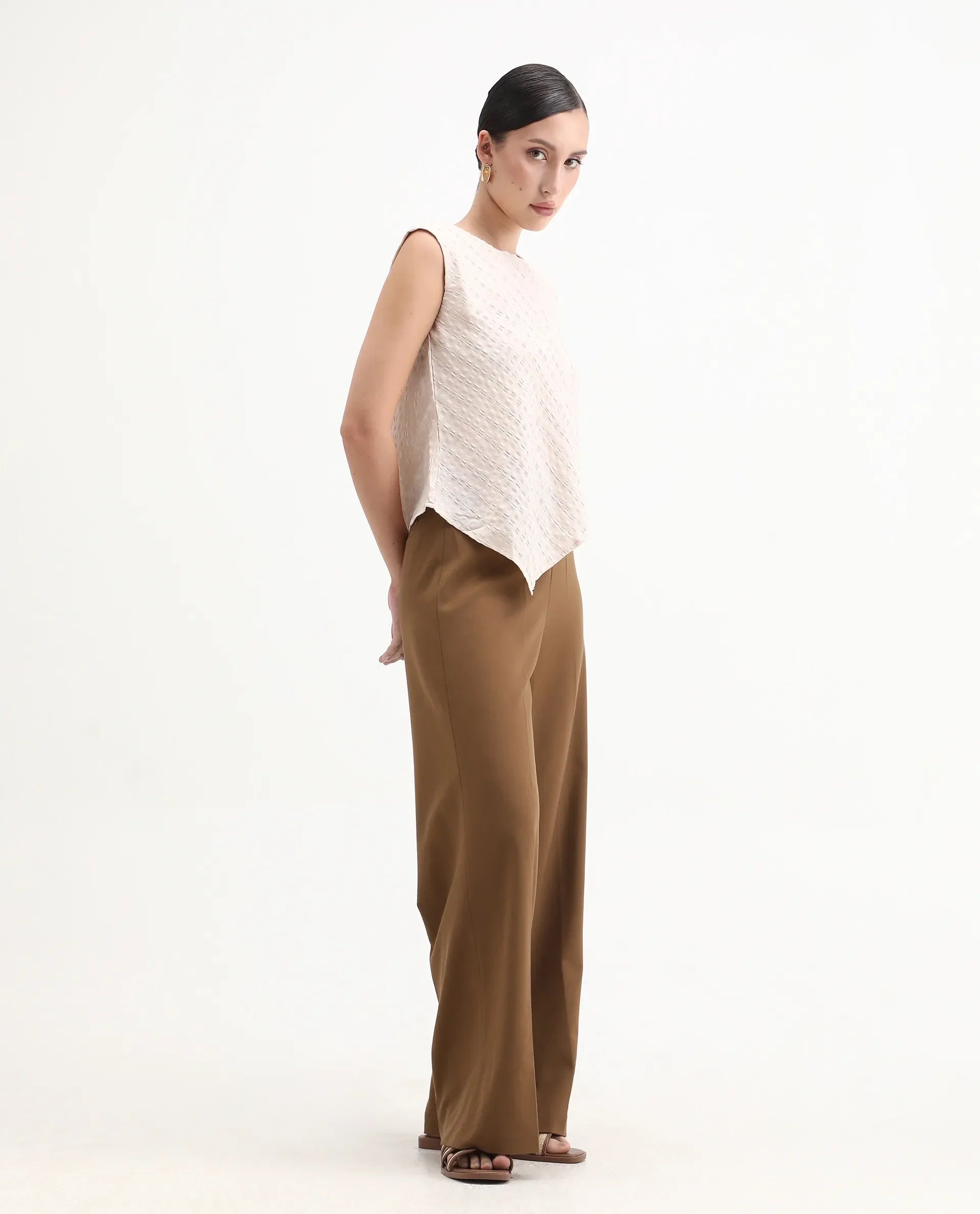 Rareism Women's Wido Light Brown Polyester Blend Wide Leg Plain Travel Trouser
