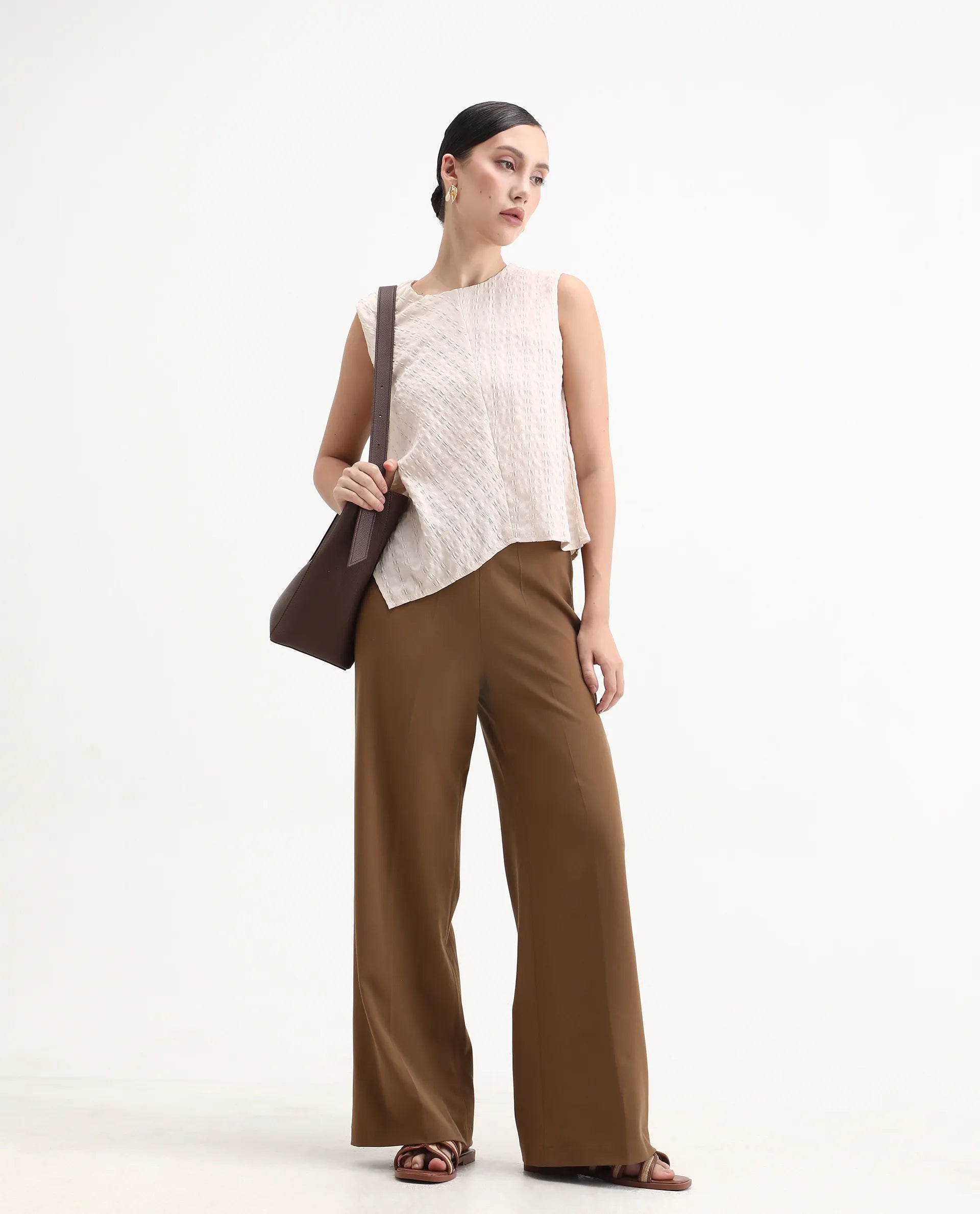 Rareism Women's Wido Light Brown Polyester Blend Wide Leg Plain Travel Trouser