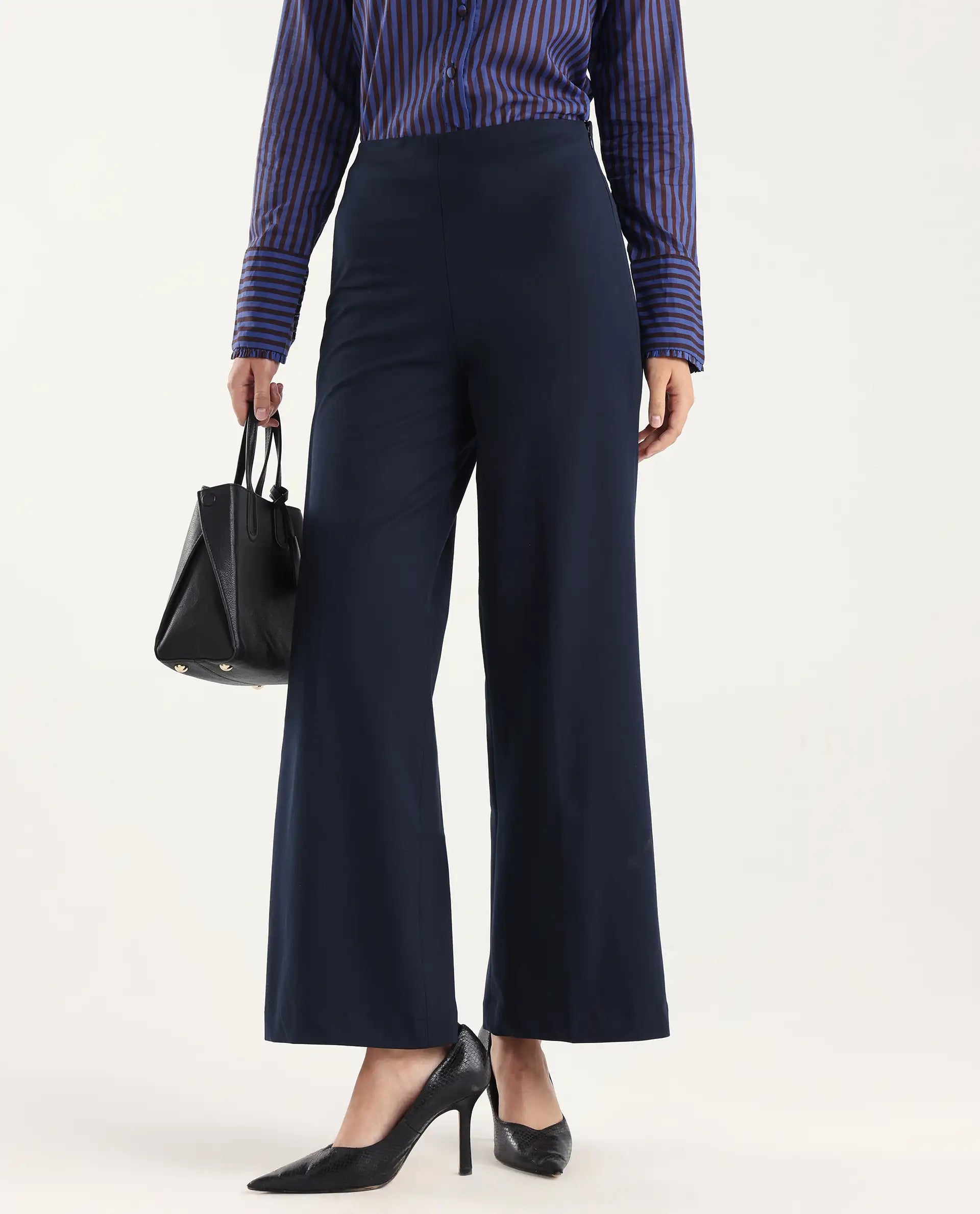 Rareism Women Wido Navy Polyester Blend Button Wide Leg Fit Plain Travel Trouser