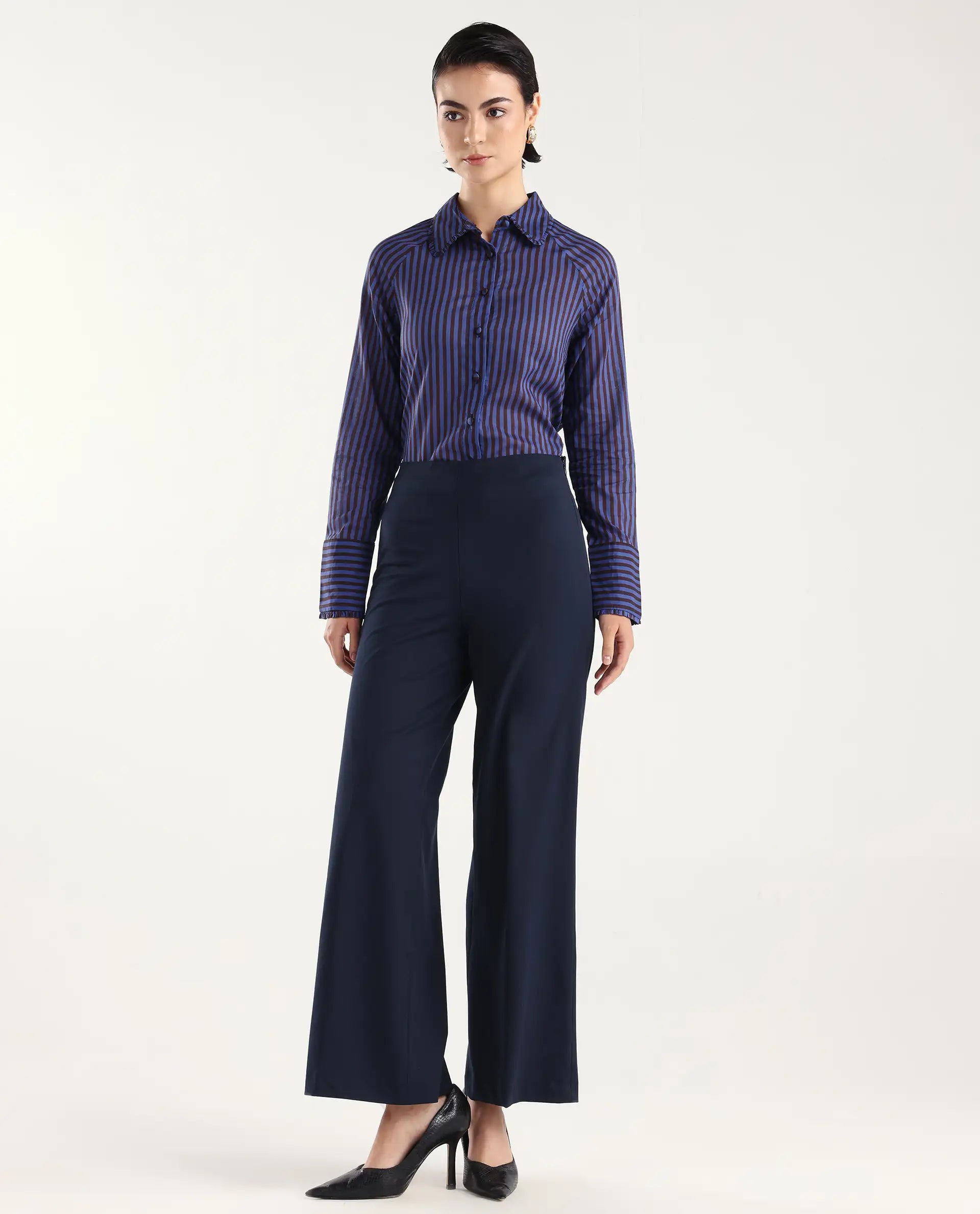 Rareism Women Wido Navy Polyester Blend Button Wide Leg Fit Plain Travel Trouser