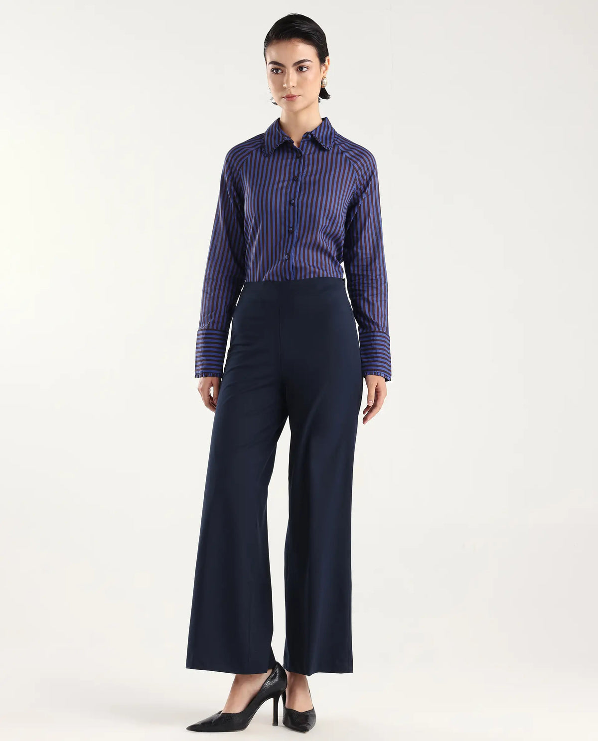 Rareism Women Wido Navy Polyester Blend Button Wide Leg Fit Plain Travel Trouser