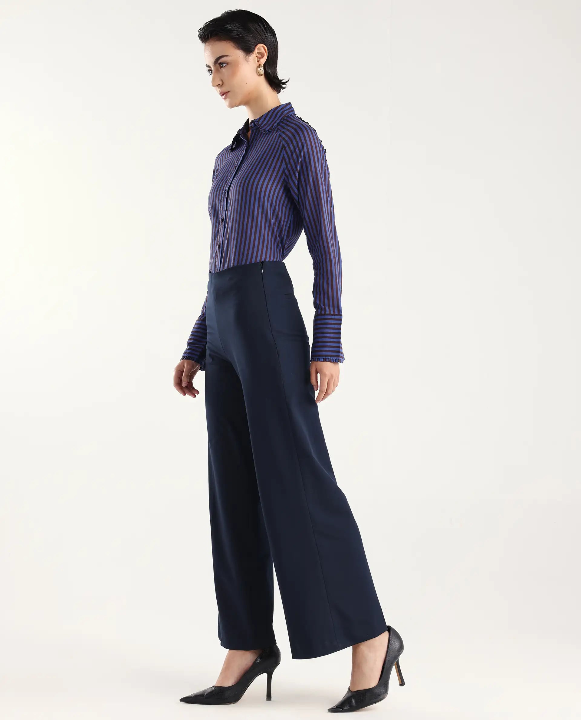 Rareism Women Wido Navy Polyester Blend Button Wide Leg Fit Plain Travel Trouser