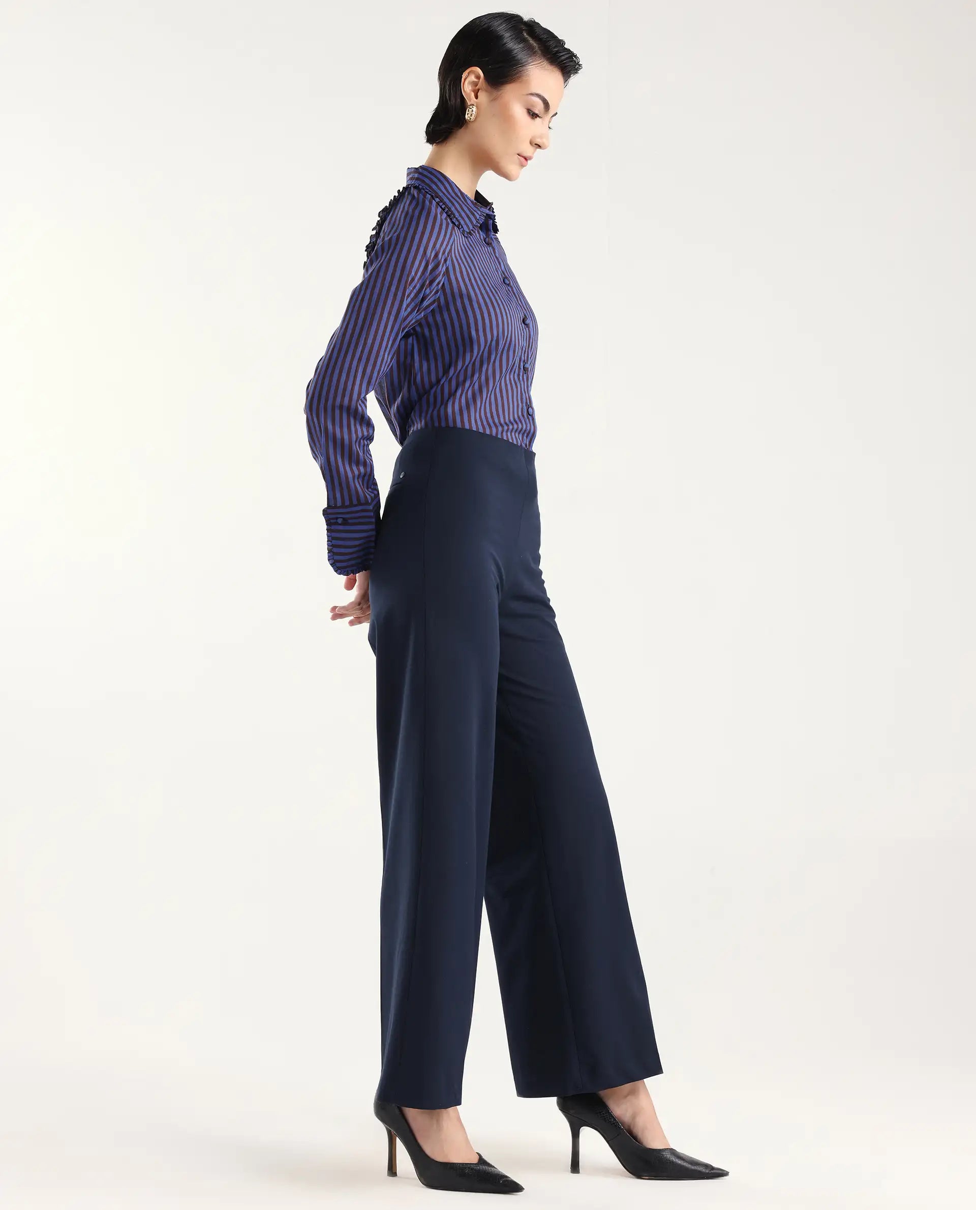 Rareism Women Wido Navy Polyester Blend Button Wide Leg Fit Plain Travel Trouser