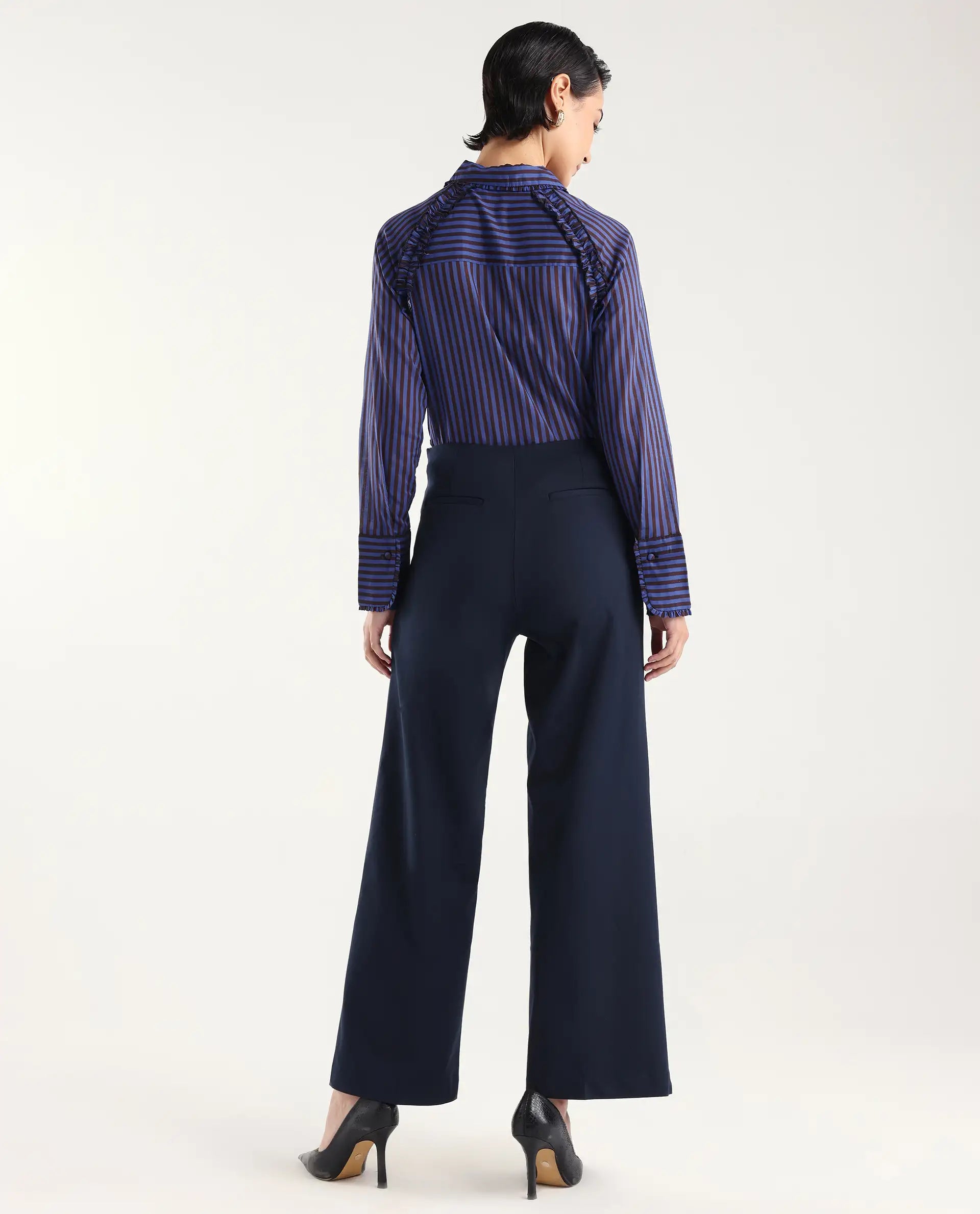 Rareism Women Wido Navy Polyester Blend Button Wide Leg Fit Plain Travel Trouser