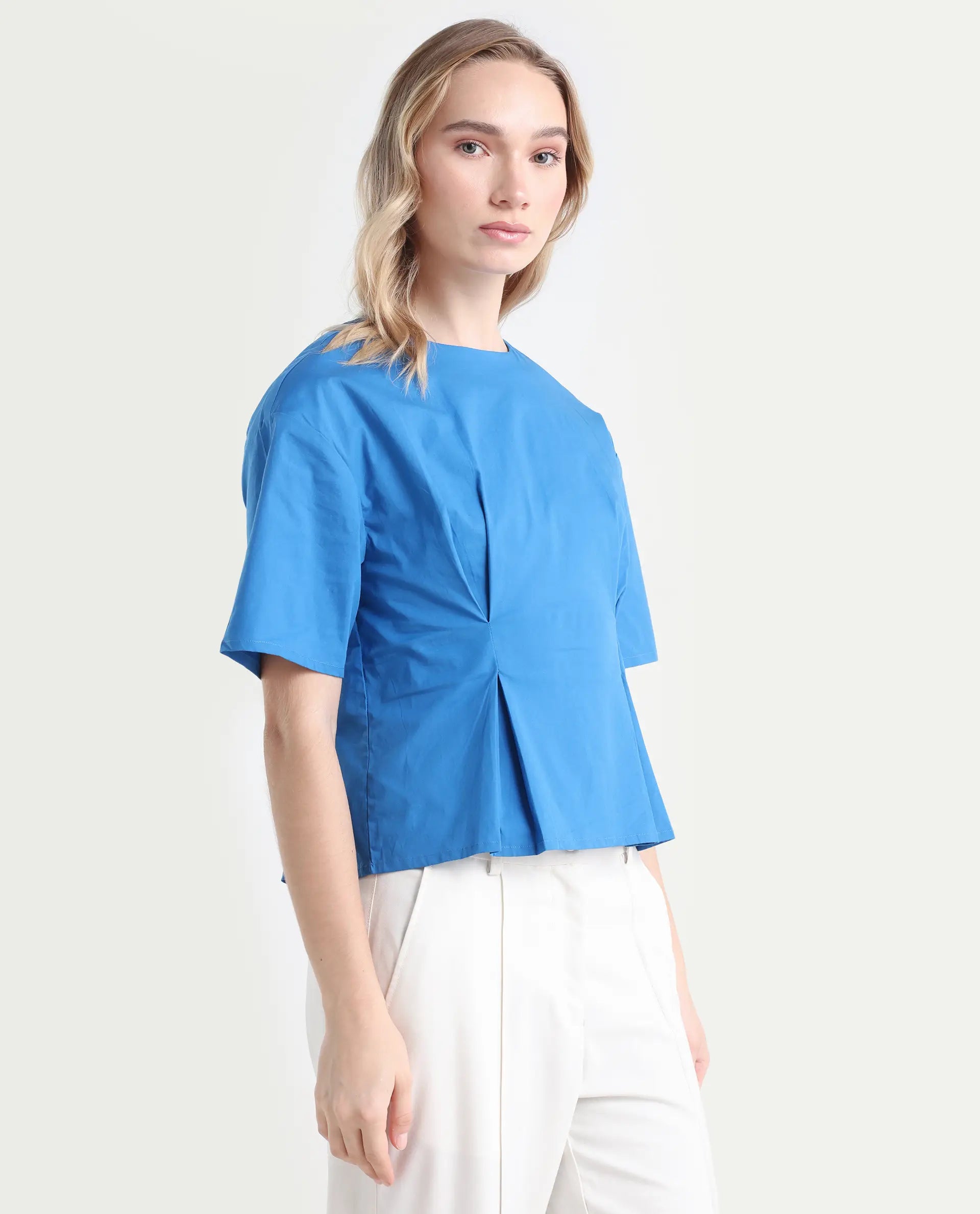 Rareism Women's Wimf Blue Cotton Blend Crew Neck Plain Regular Fit Top