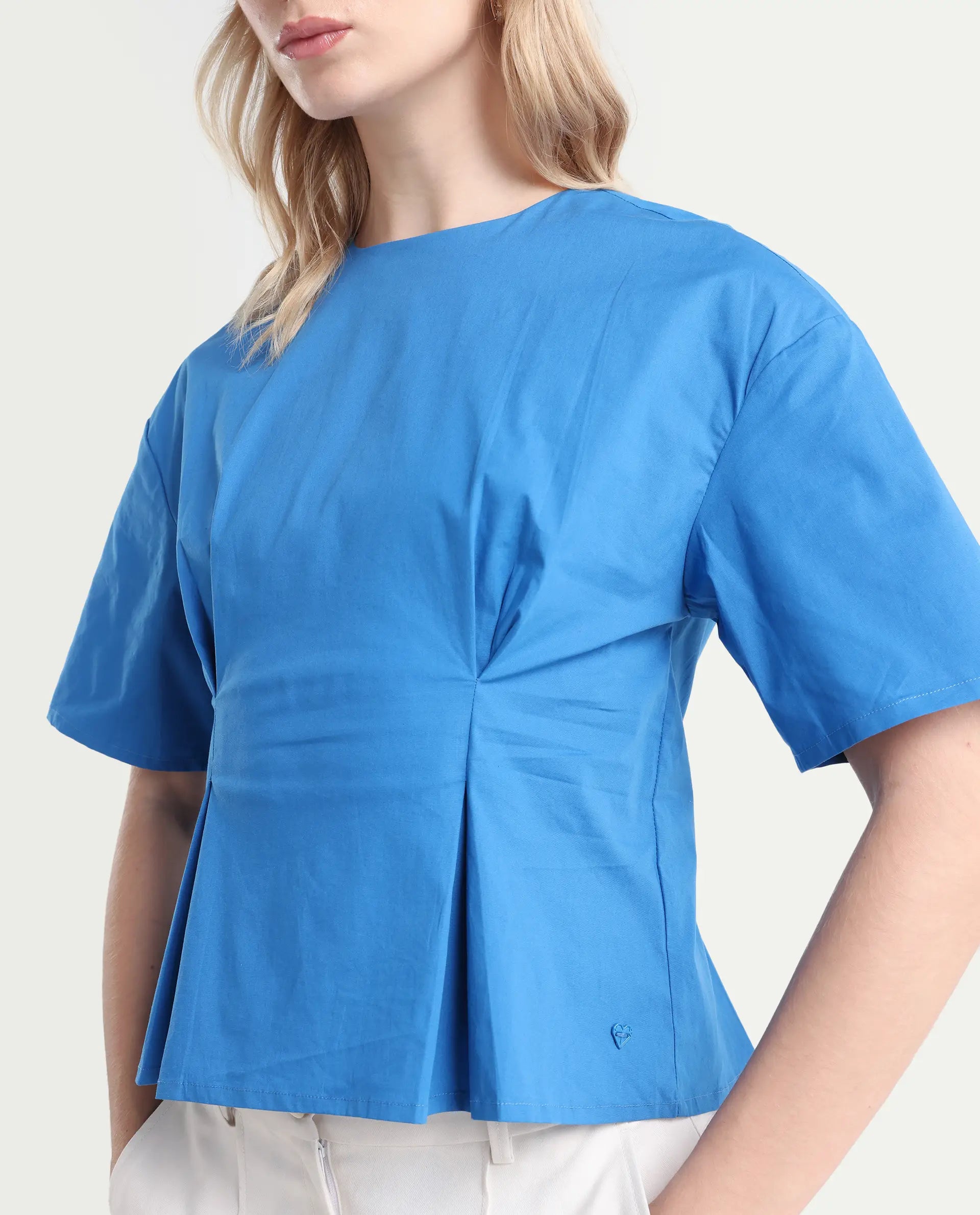 Rareism Women's Wimf Blue Cotton Blend Crew Neck Plain Regular Fit Top