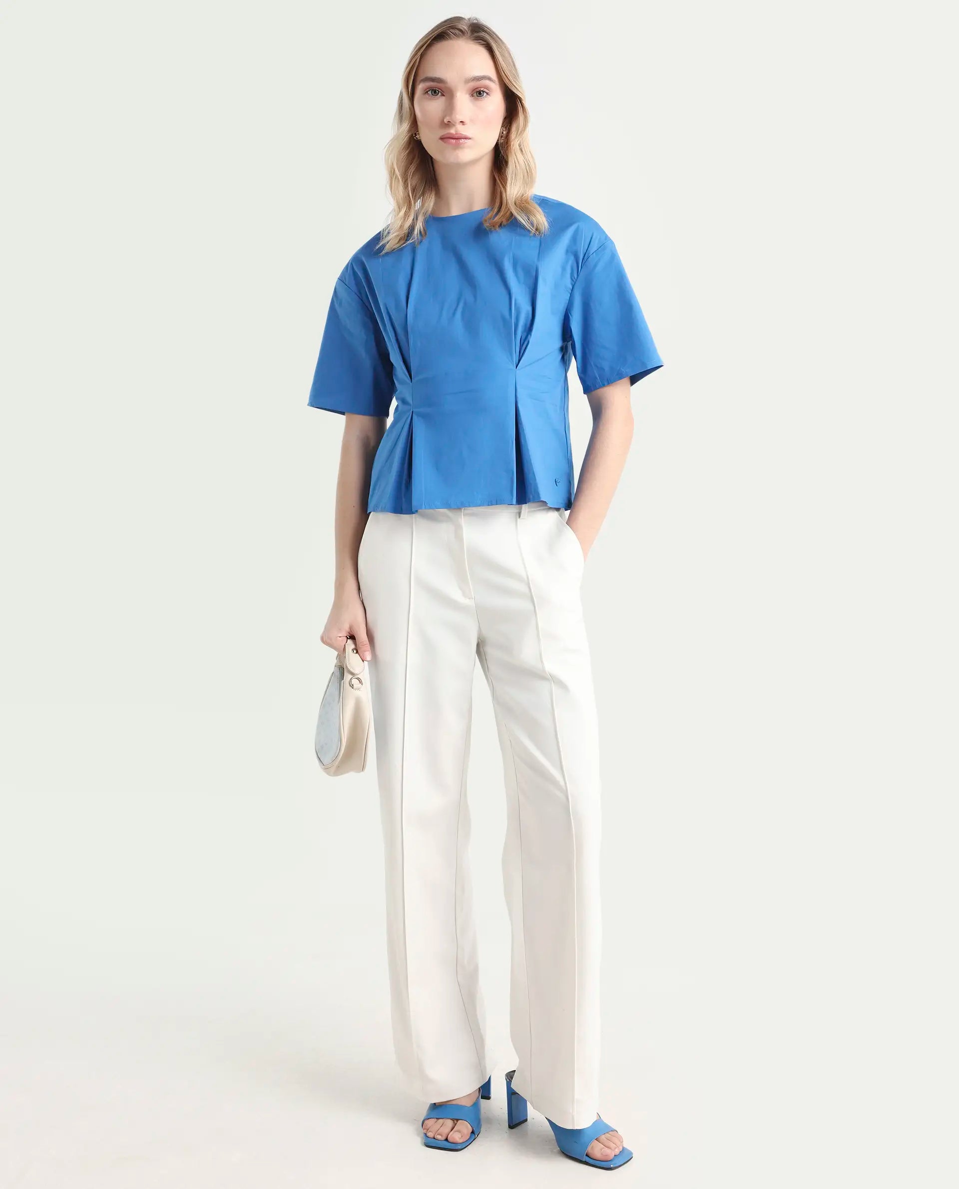 Rareism Women's Wimf Blue Cotton Blend Crew Neck Plain Regular Fit Top