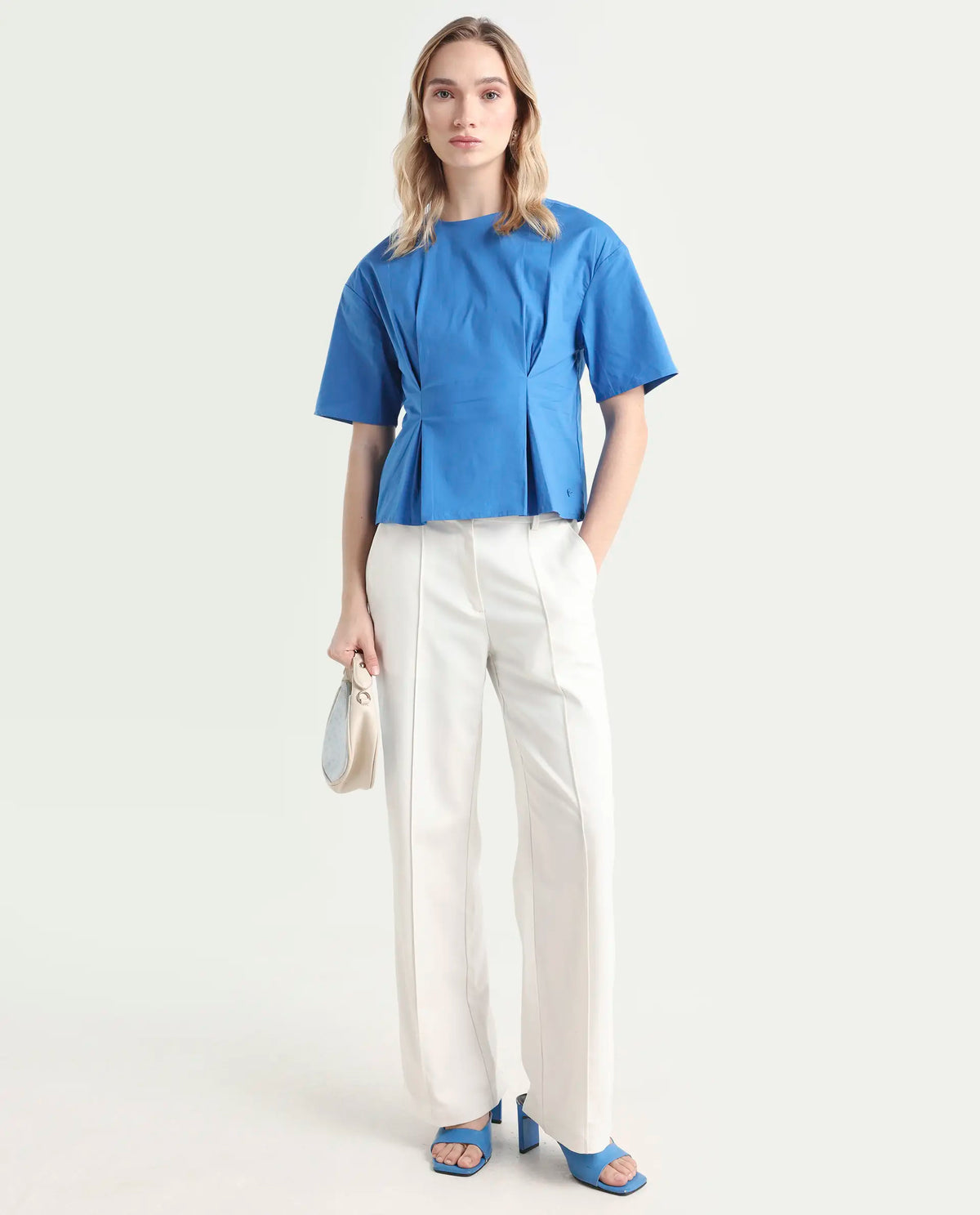 Rareism Women's Wimf Blue Cotton Blend Crew Neck Plain Regular Fit Top