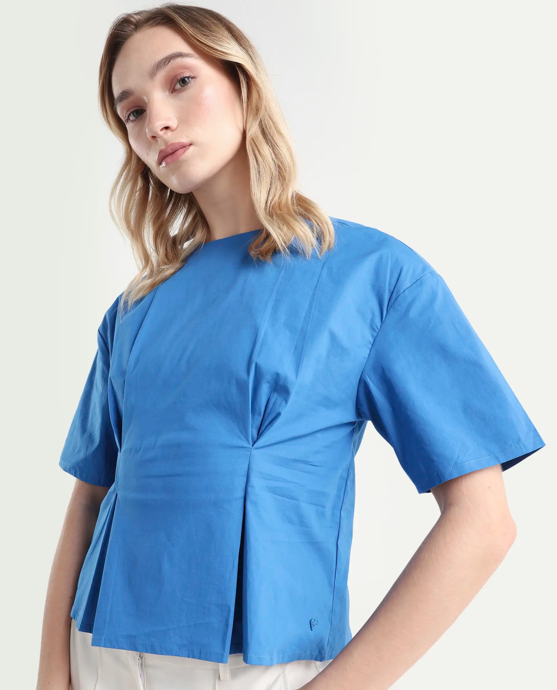 Rareism Women's Wimf Blue Cotton Blend Crew Neck Plain Regular Fit Top