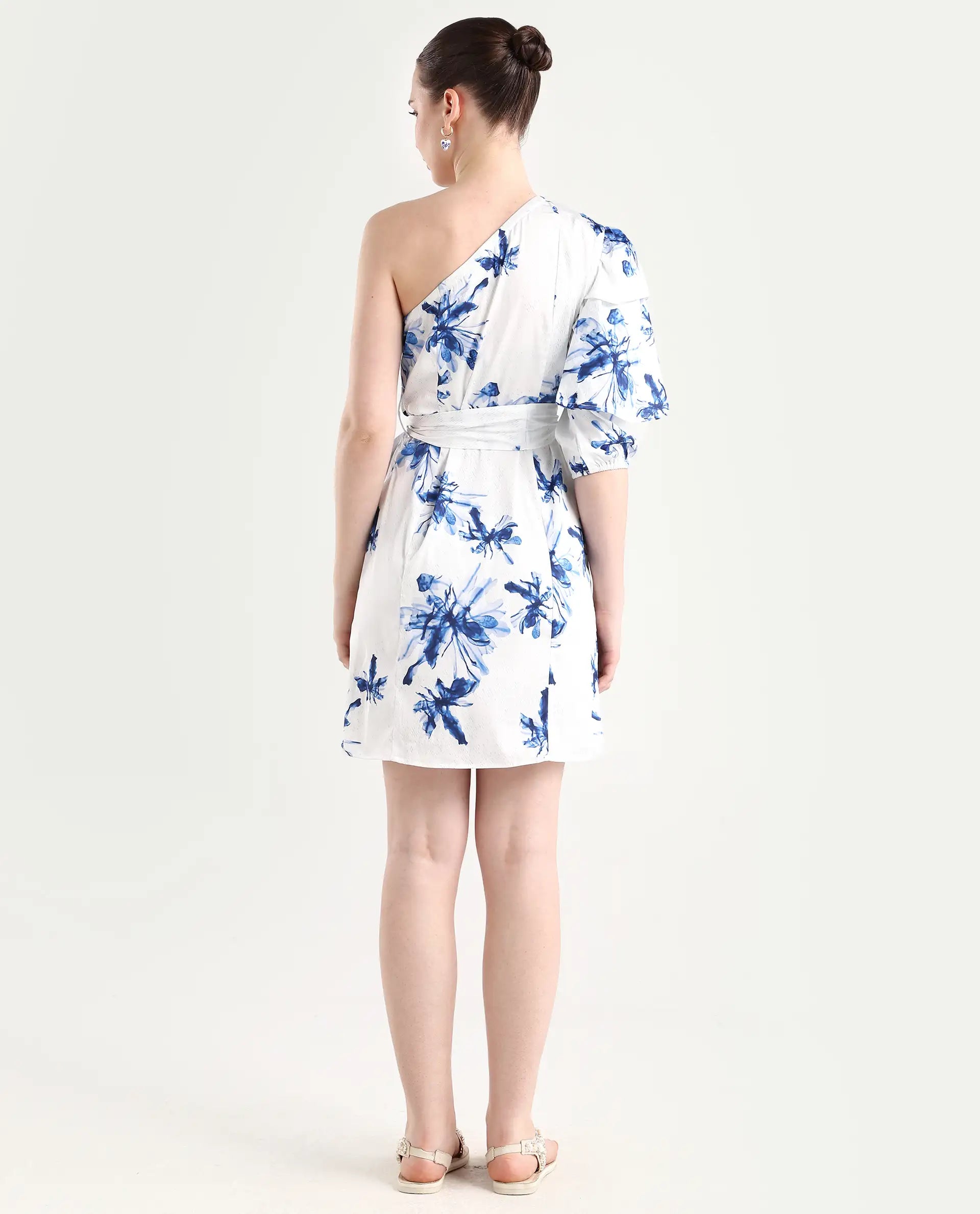 Rareism Women's Winnie White Modal One Shoulder Floral Print Puff Sleeves Knee Length Slim Fit Dress