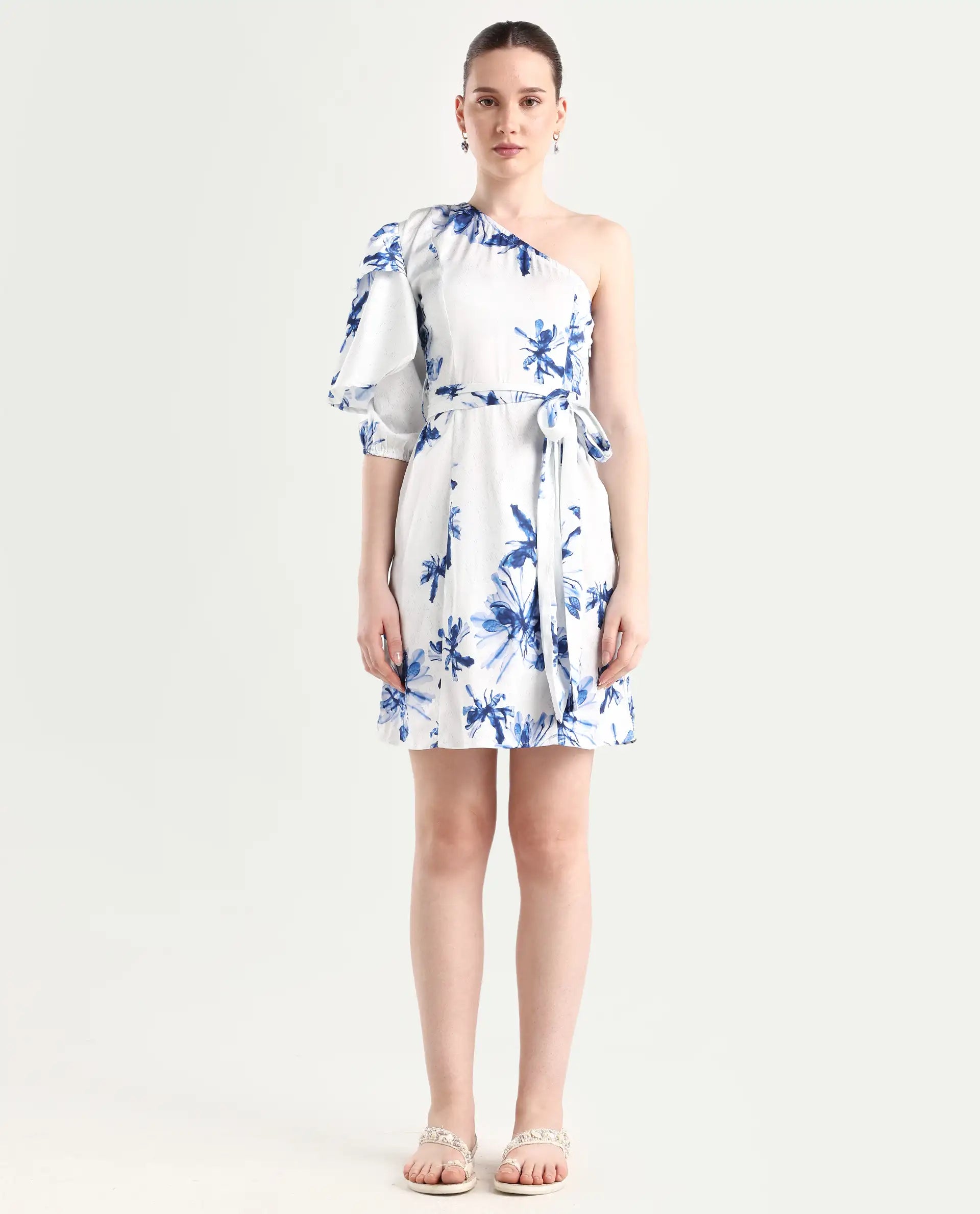 Rareism Women's Winnie White Modal One Shoulder Floral Print Puff Sleeves Knee Length Slim Fit Dress