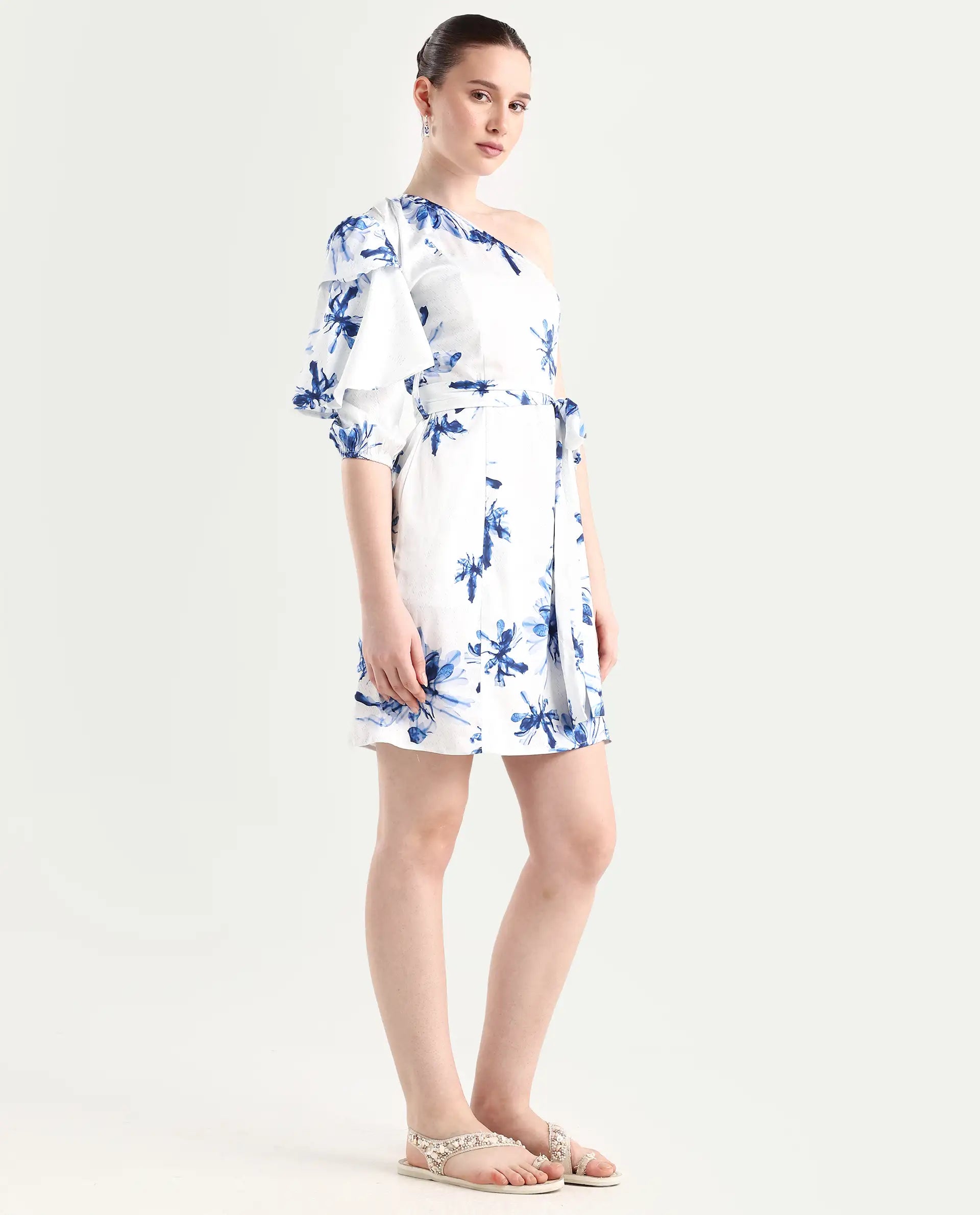 Rareism Women's Winnie White Modal One Shoulder Floral Print Puff Sleeves Knee Length Slim Fit Dress