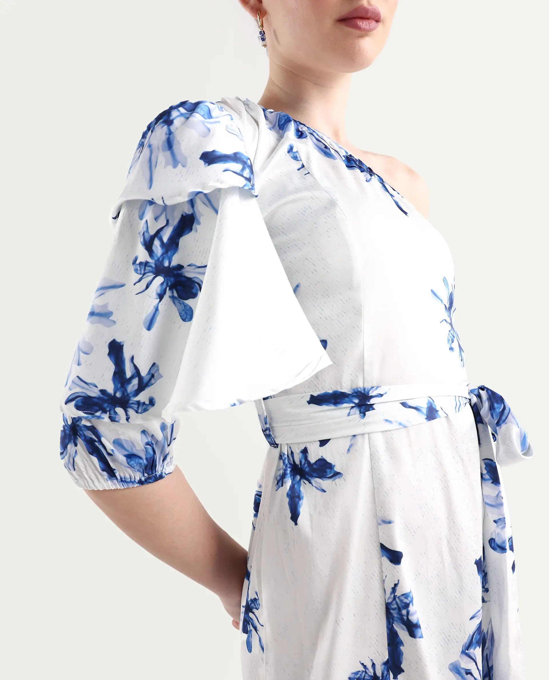 Rareism Women's Winnie White Modal One Shoulder Floral Print Puff Sleeves Knee Length Slim Fit Dress