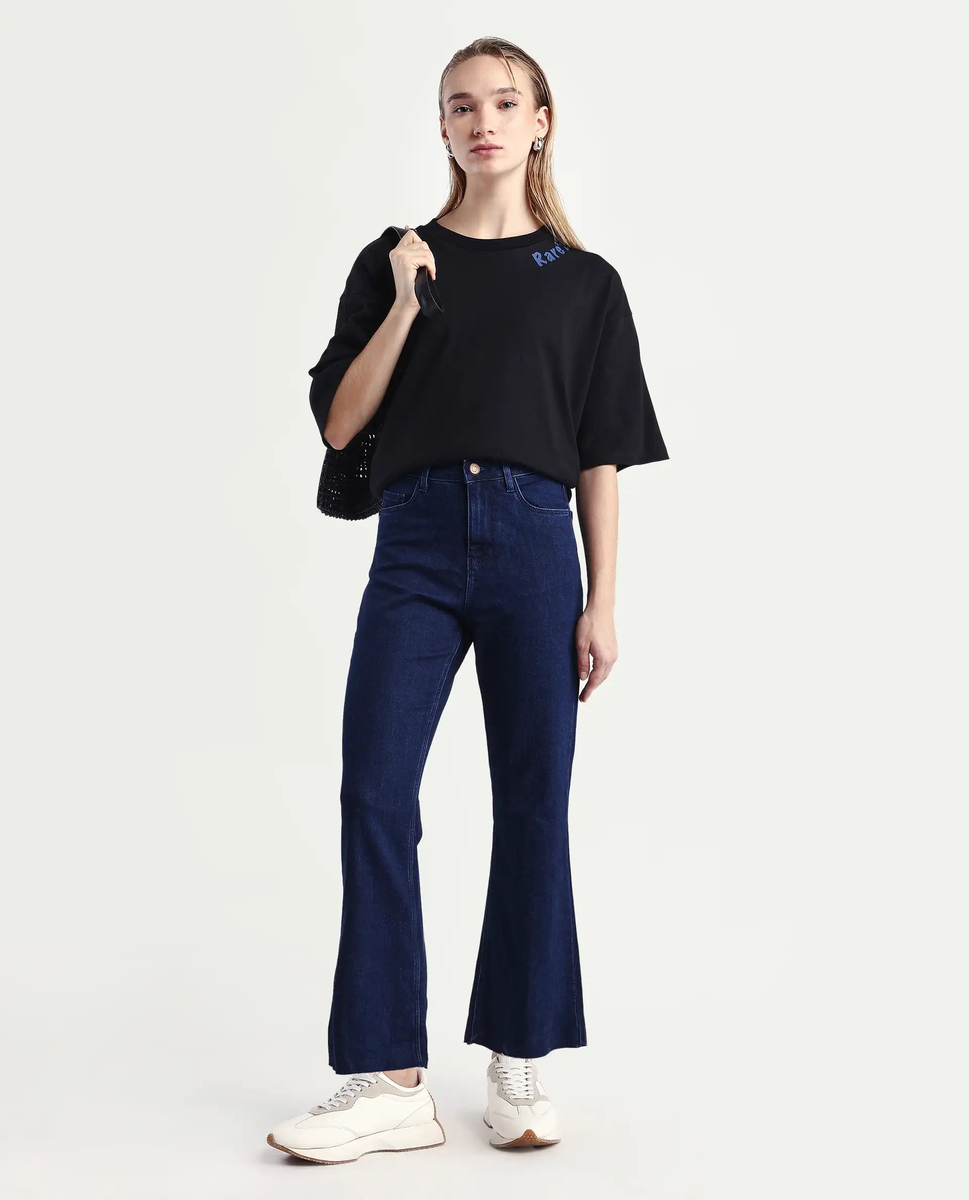 Rareism Women's Winona Dark Blue Cotton Blend Plain Ankle Length Crop Flare Jeans