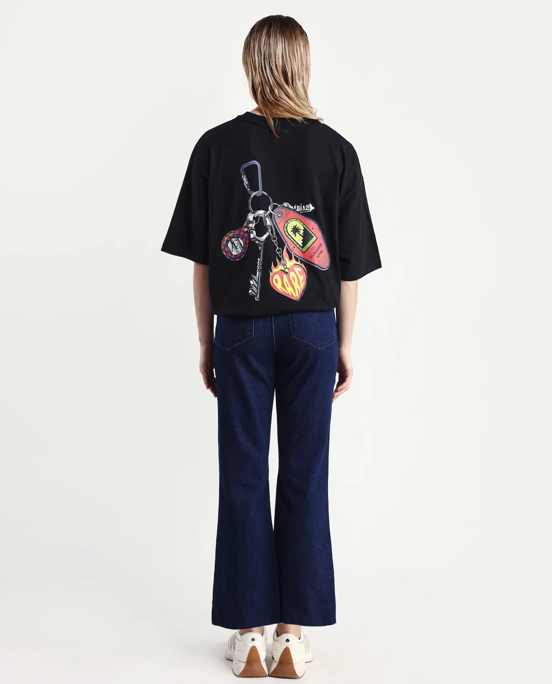 Rareism Women's Winona Dark Blue Cotton Blend Plain Ankle Length Crop Flare Jeans