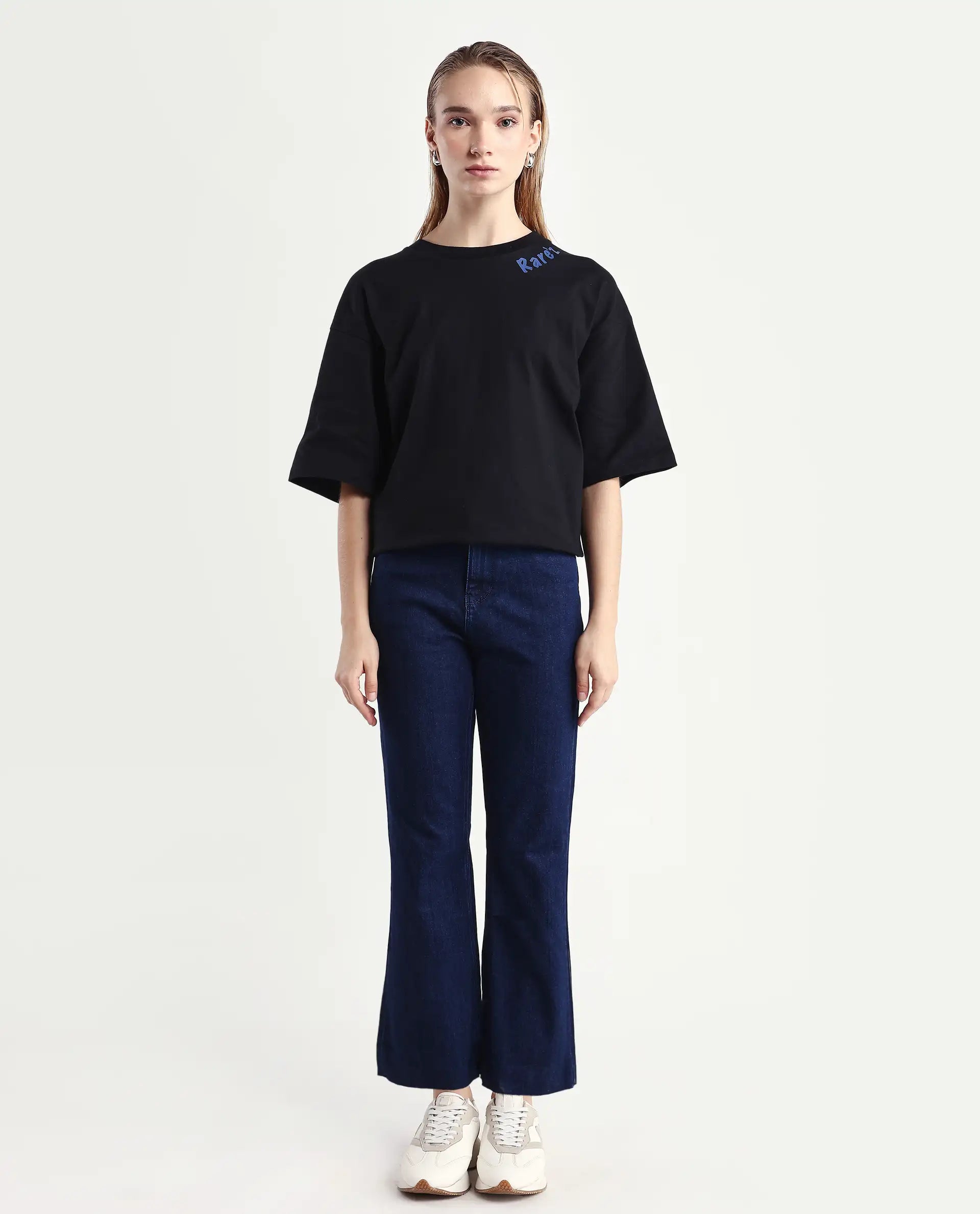 Rareism Women's Winona Dark Blue Cotton Blend Plain Ankle Length Crop Flare Jeans