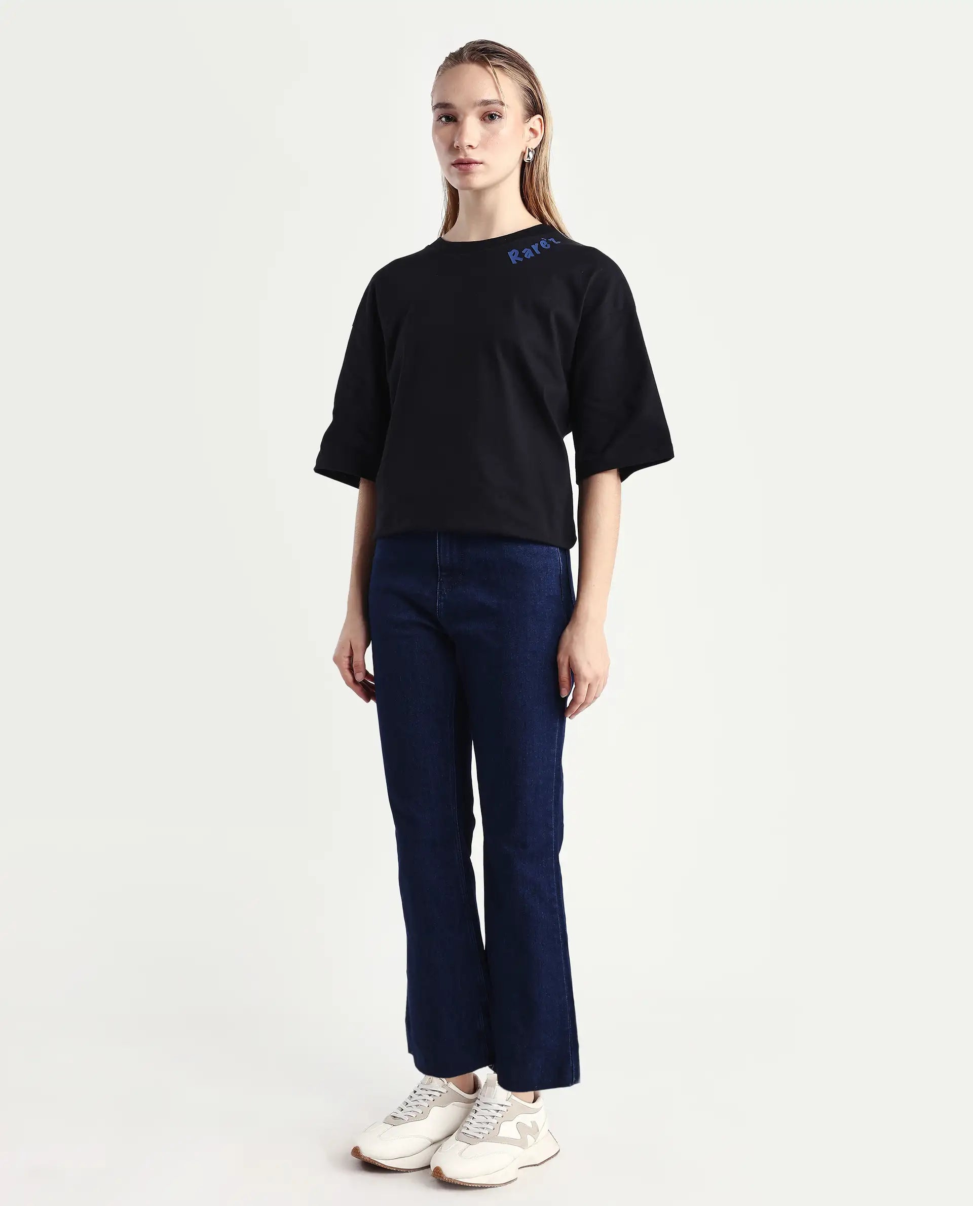 Rareism Women's Winona Dark Blue Cotton Blend Plain Ankle Length Crop Flare Jeans