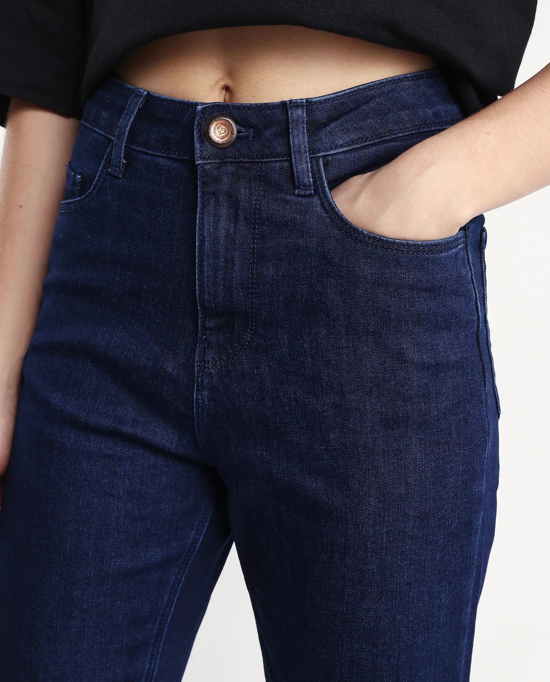 Rareism Women's Winona Dark Blue Cotton Blend Plain Ankle Length Crop Flare Jeans