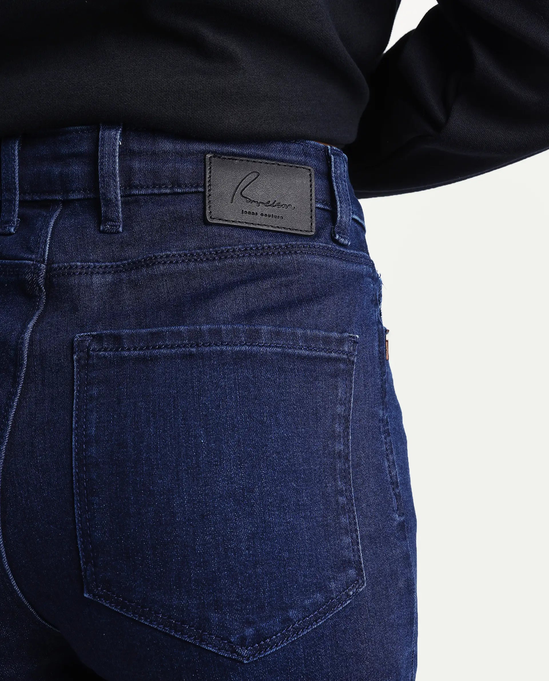 Rareism Women's Winona Dark Blue Cotton Blend Plain Ankle Length Crop Flare Jeans