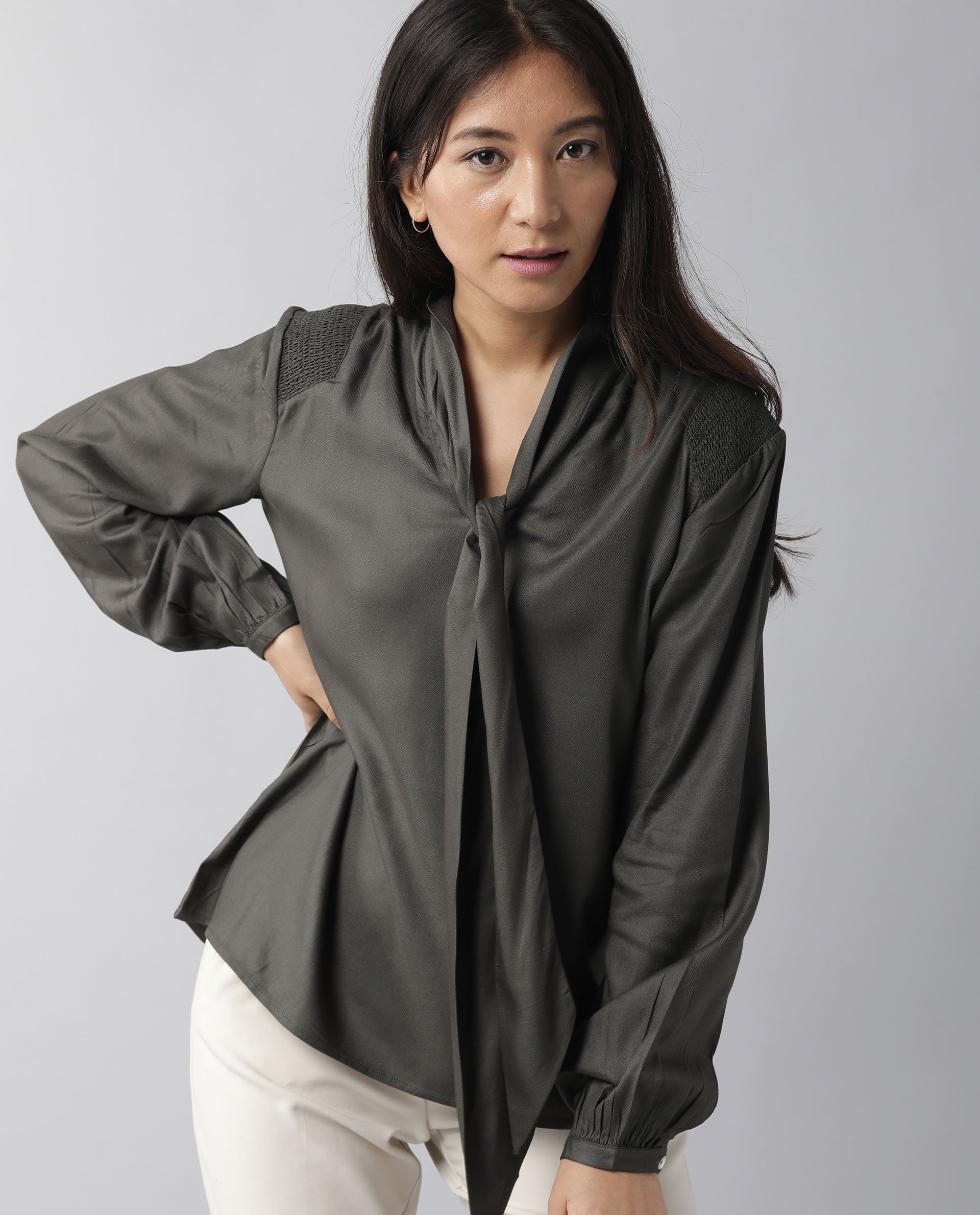 Rareism Women Wint Olive Top Full Sleeves Solid