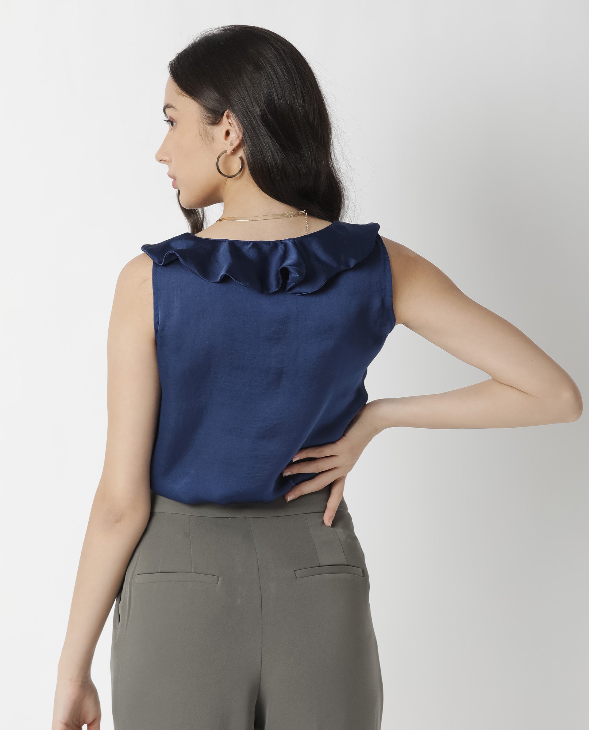 Rareism Womens Wishin Navy Top Modal Fabric Regular Fit Sleeveless Ruffled Neck