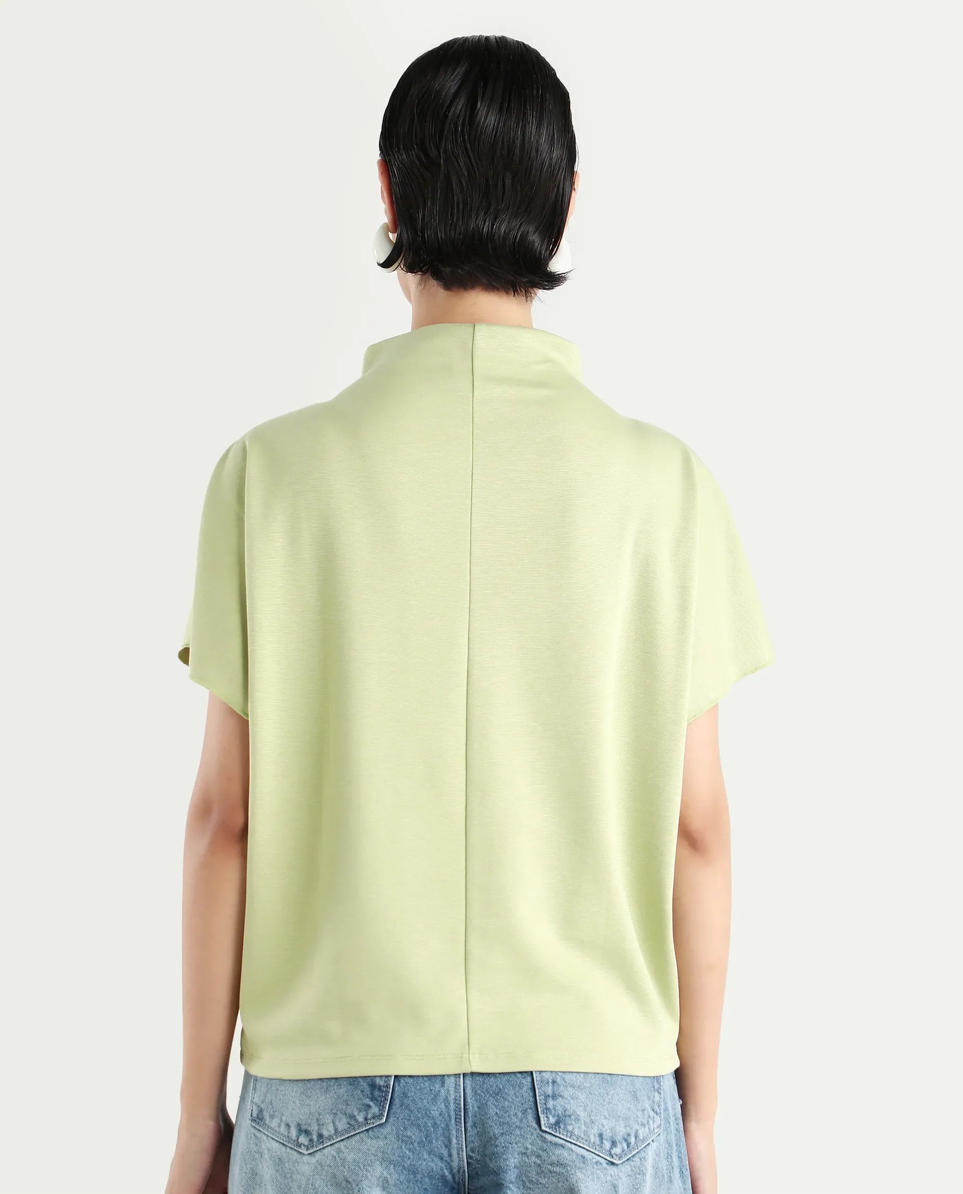 Rareism Women's Worknet Dusky Green Cotton Blend High Neck Plain Extended Sleeves Relaxed Fit Top
