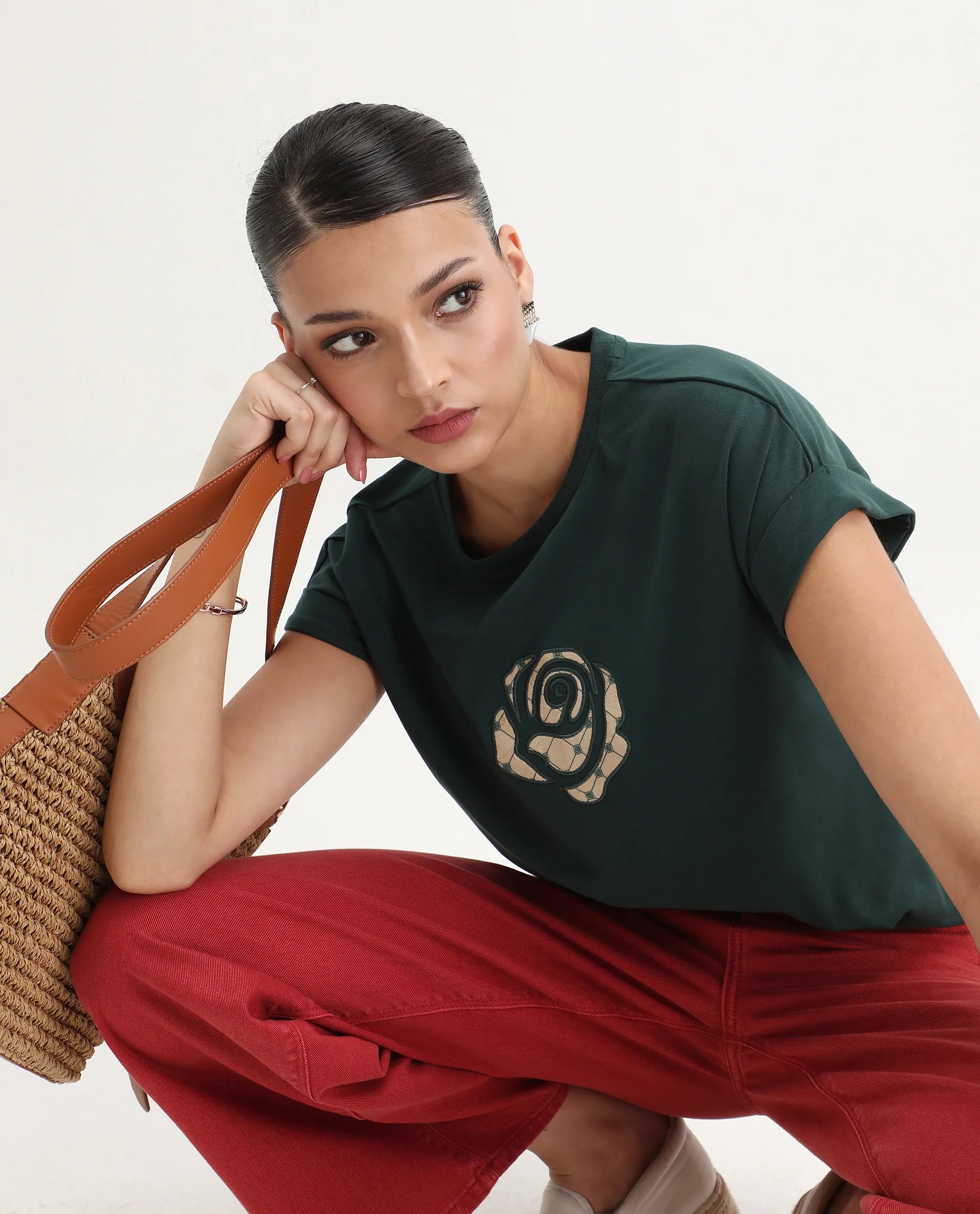 Rareism Women's Wrea Dark Green Cotton Blend Crew Neck Relaxed Fit T-Shirt