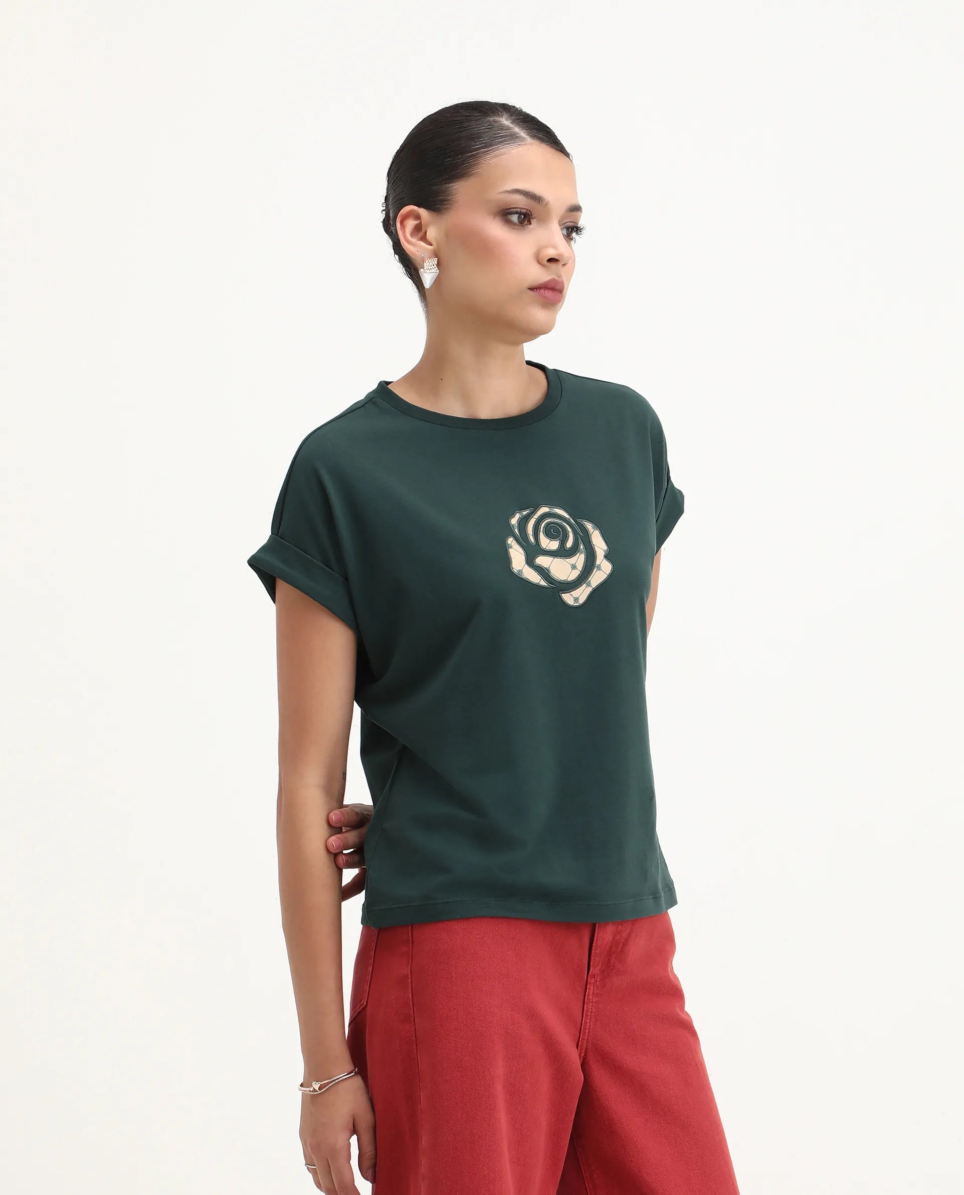 Rareism Women's Wrea Dark Green Cotton Blend Crew Neck Relaxed Fit T-Shirt