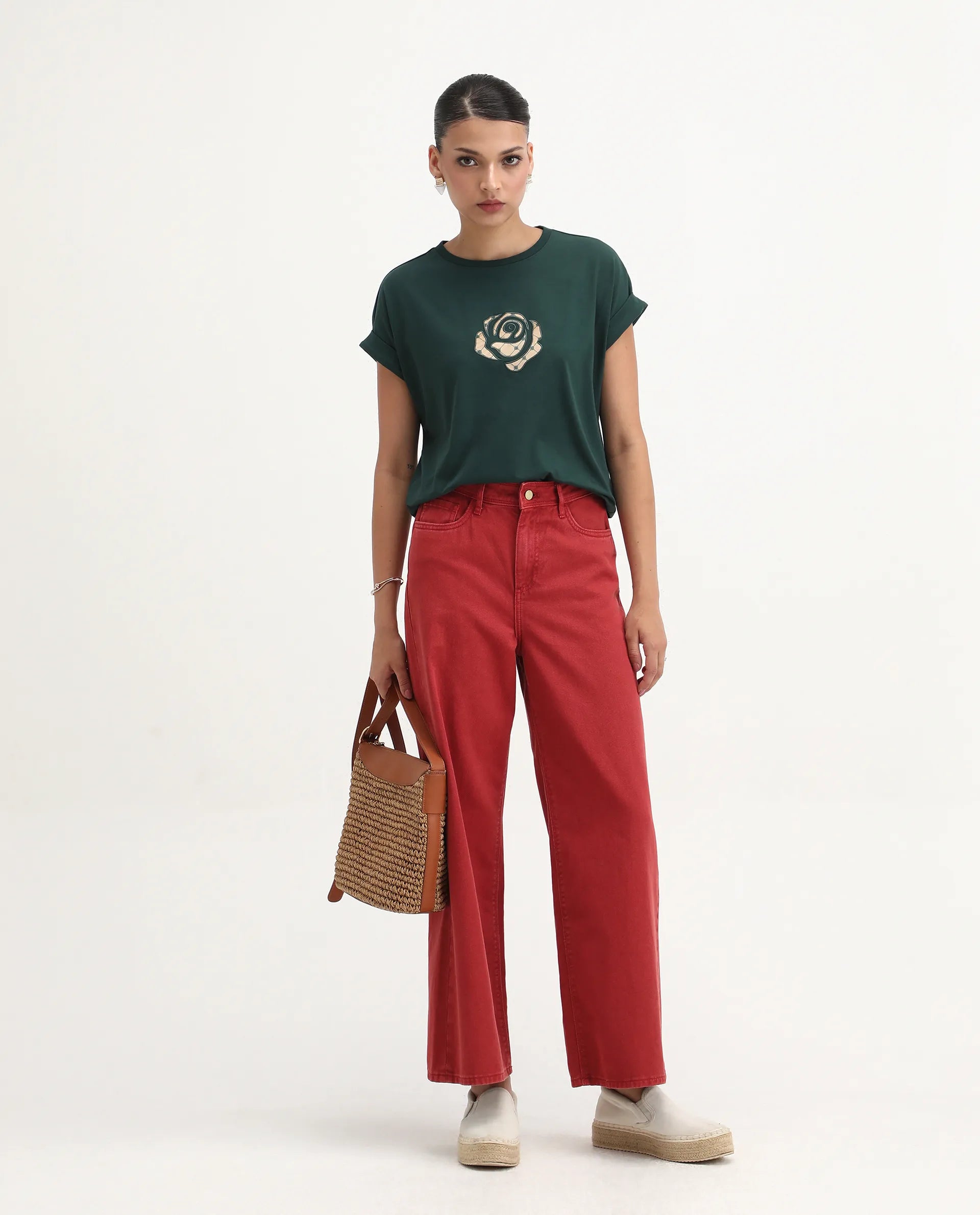 Rareism Women's Wrea Dark Green Cotton Blend Crew Neck Relaxed Fit T-Shirt