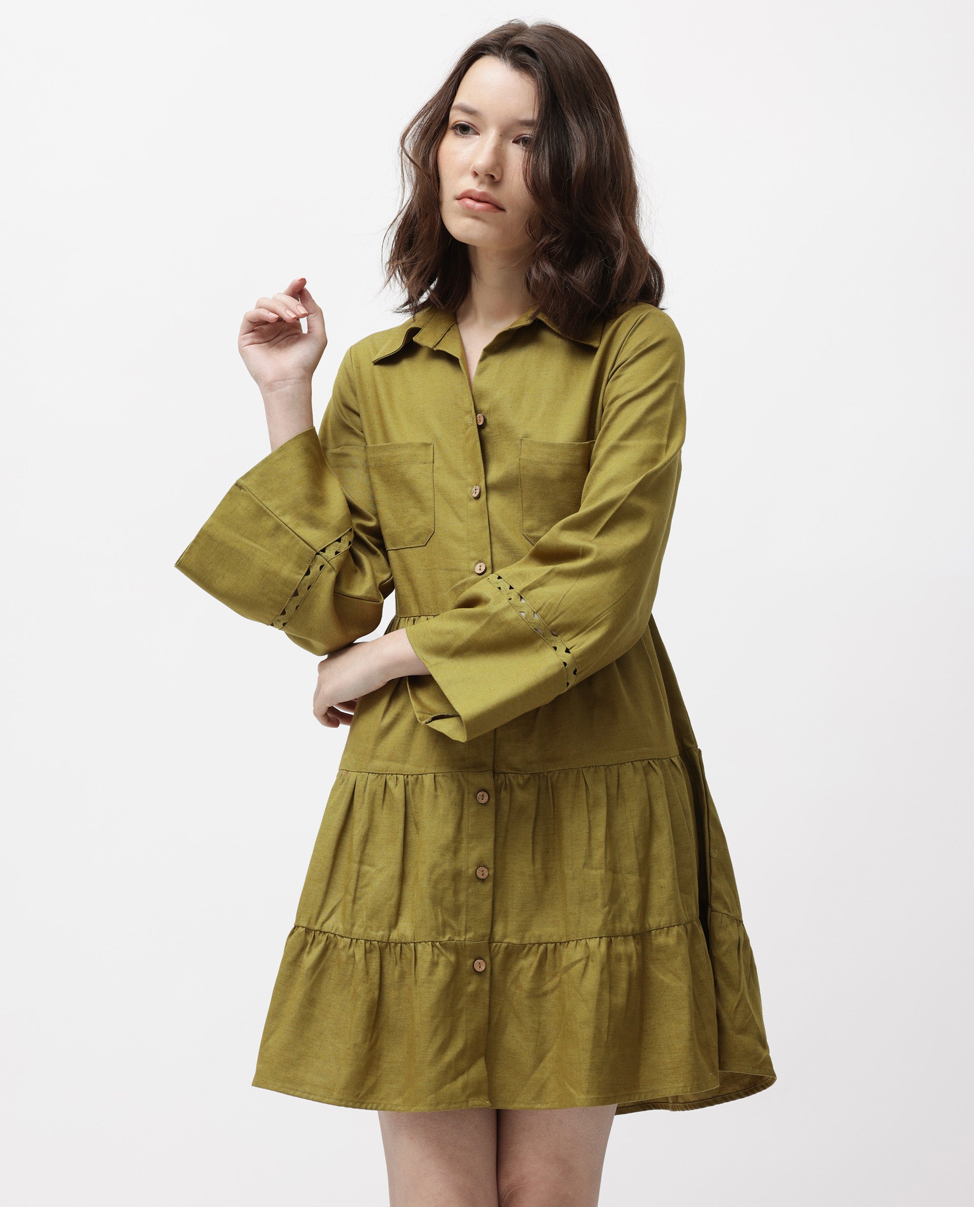 Rareism Women's Wyatt Green Cotton Blend Spread Collar Plain Bell Sleeve Mini Regular Fit Dress