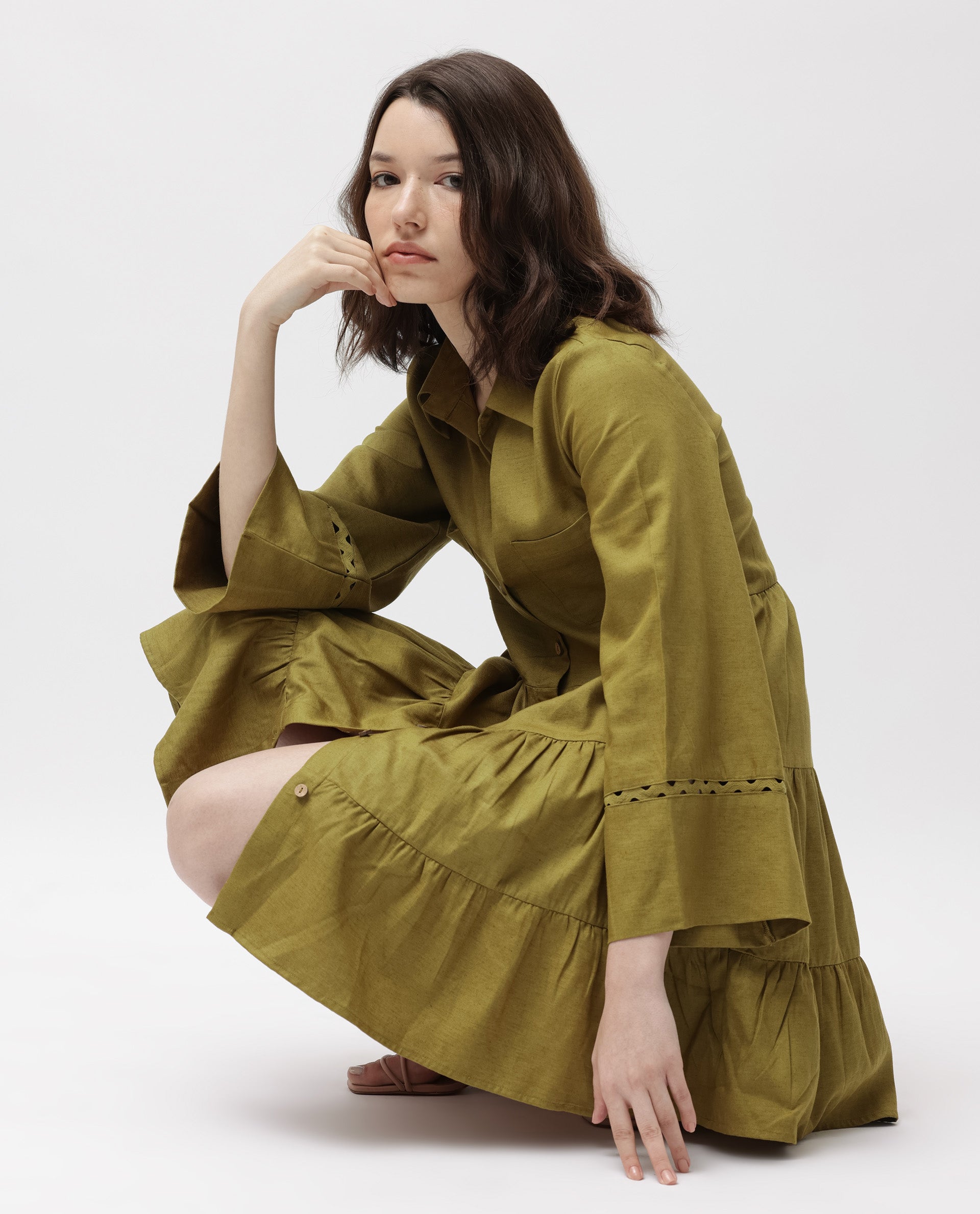 Rareism Women's Wyatt Green Cotton Blend Spread Collar Plain Bell Sleeve Mini Regular Fit Dress