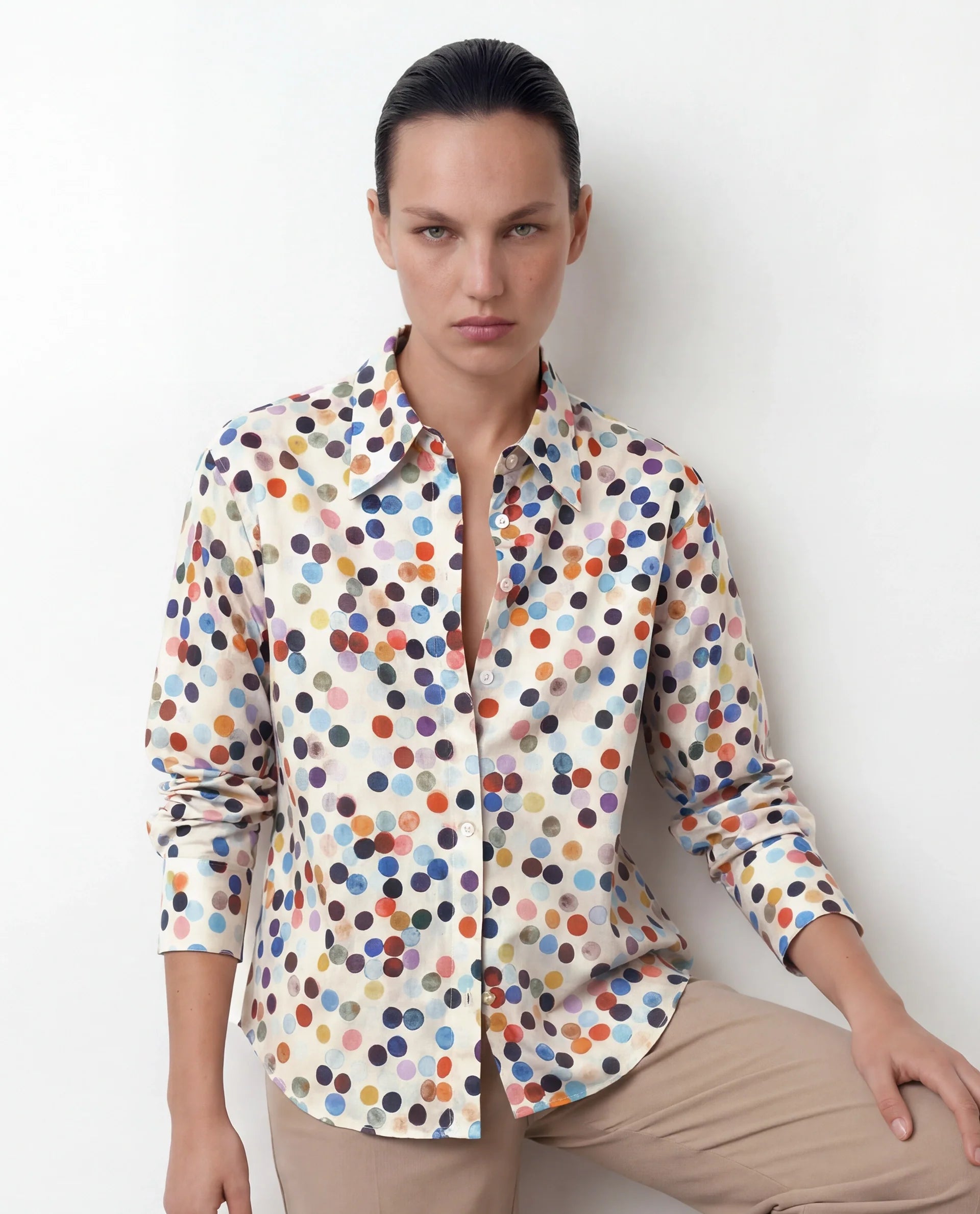 Rareism Women's Wanice Light Mullti Cotton Blend Drop Collar Polka Print Cuffed Sleeve Regular Fit Top