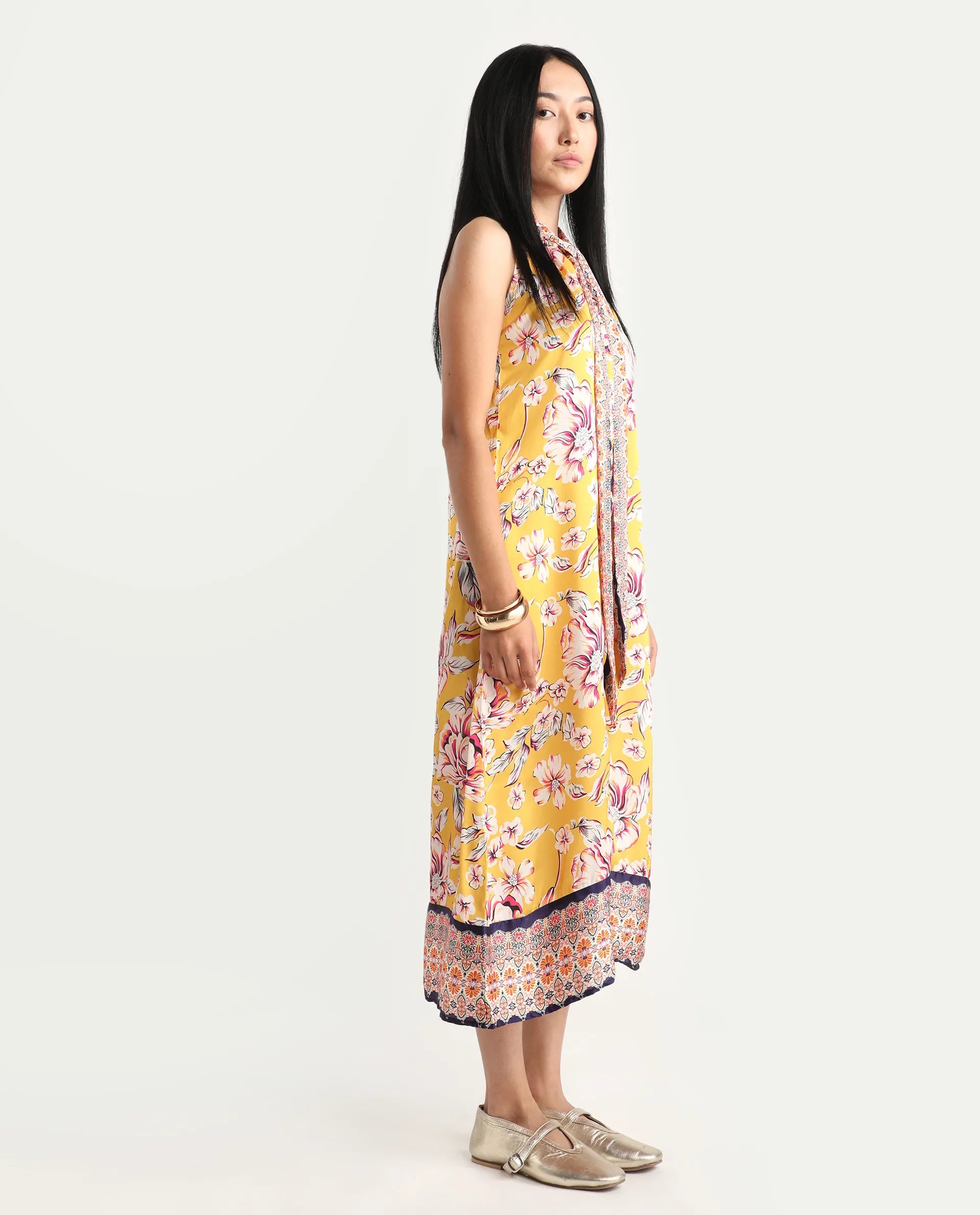Rareism Women's Xander Yellow Polyester Tie-Up Neck Floral Print Sleeveless Maxi Regular Fit Dress