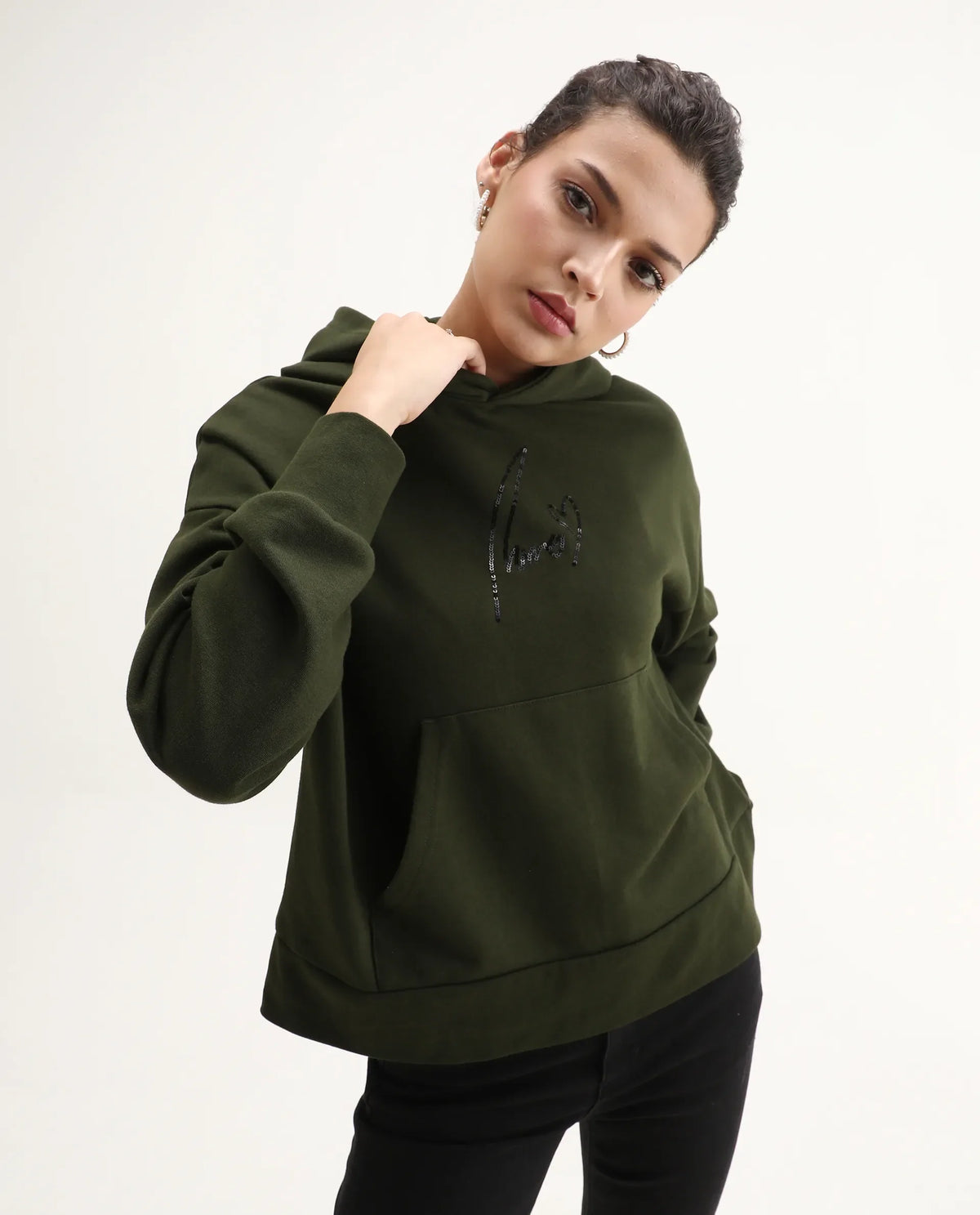 Rareism Women's Xan Dark Olive Cotton Blend Hooded Relaxed Fit Printed Sweatshirt