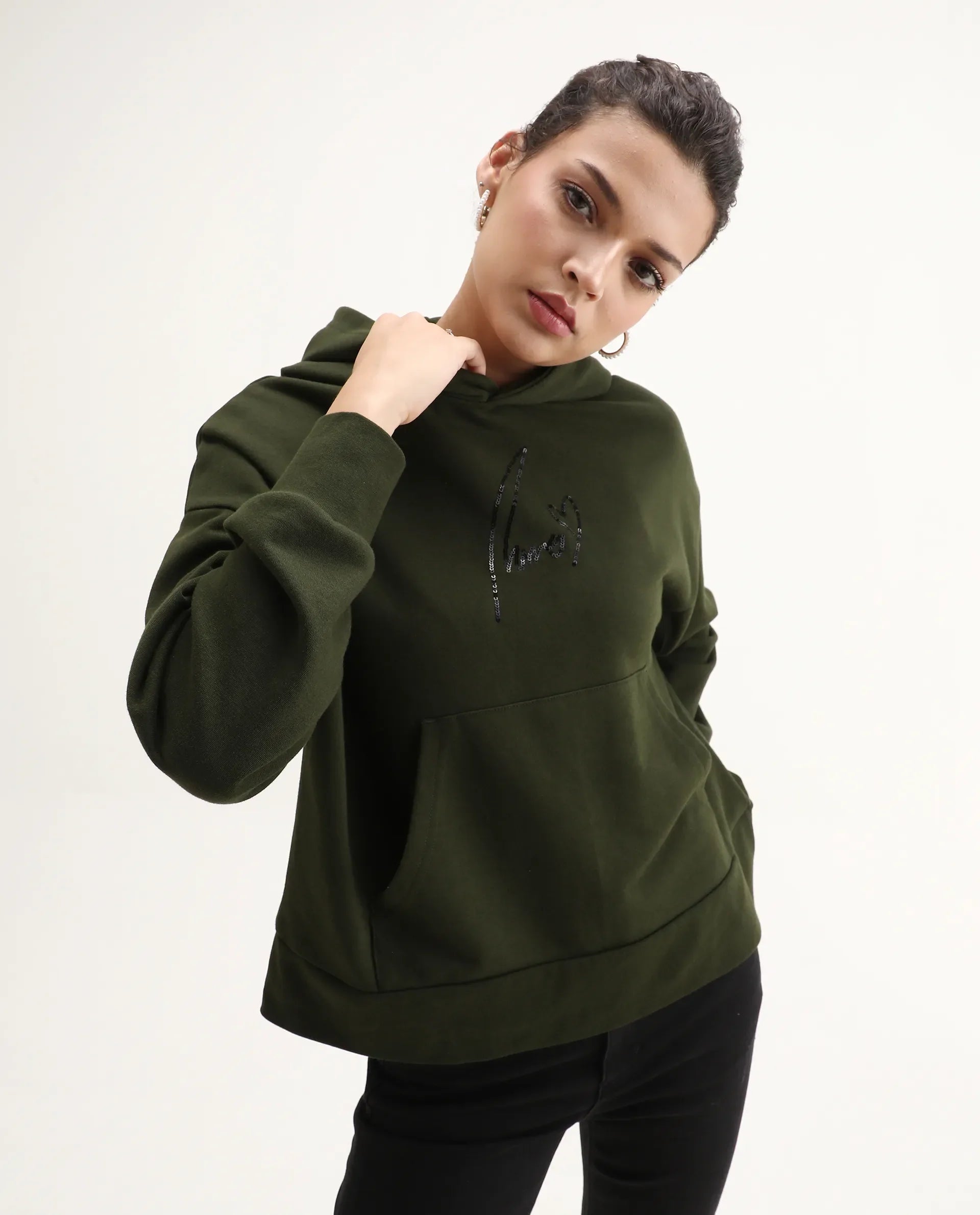 Rareism Women's Xan Dark Olive Cotton Blend Hooded Relaxed Fit Printed Sweatshirt