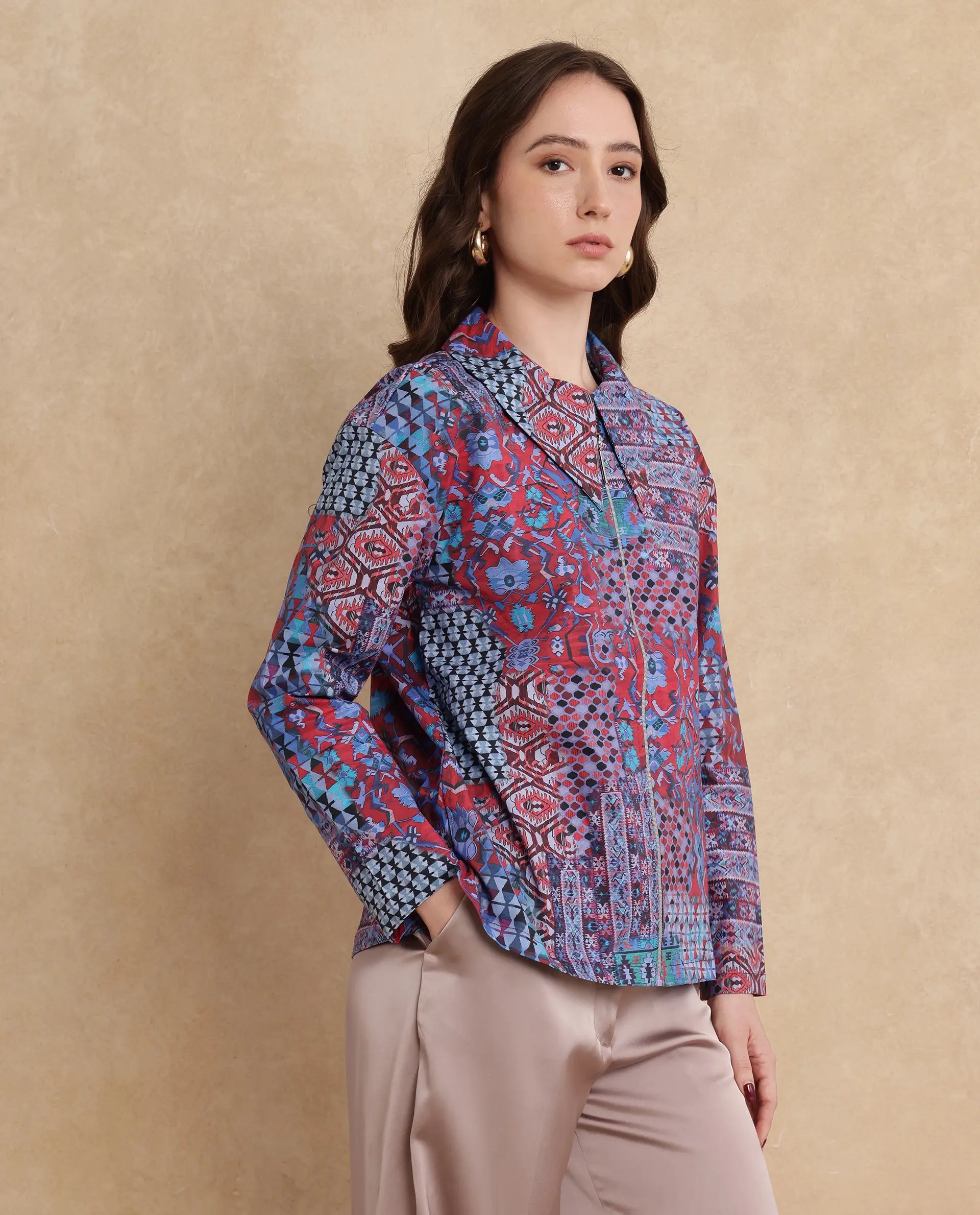 Rareism Women's Xany Multi Cotton Spread Collar Abstract Print Regular Fit Top