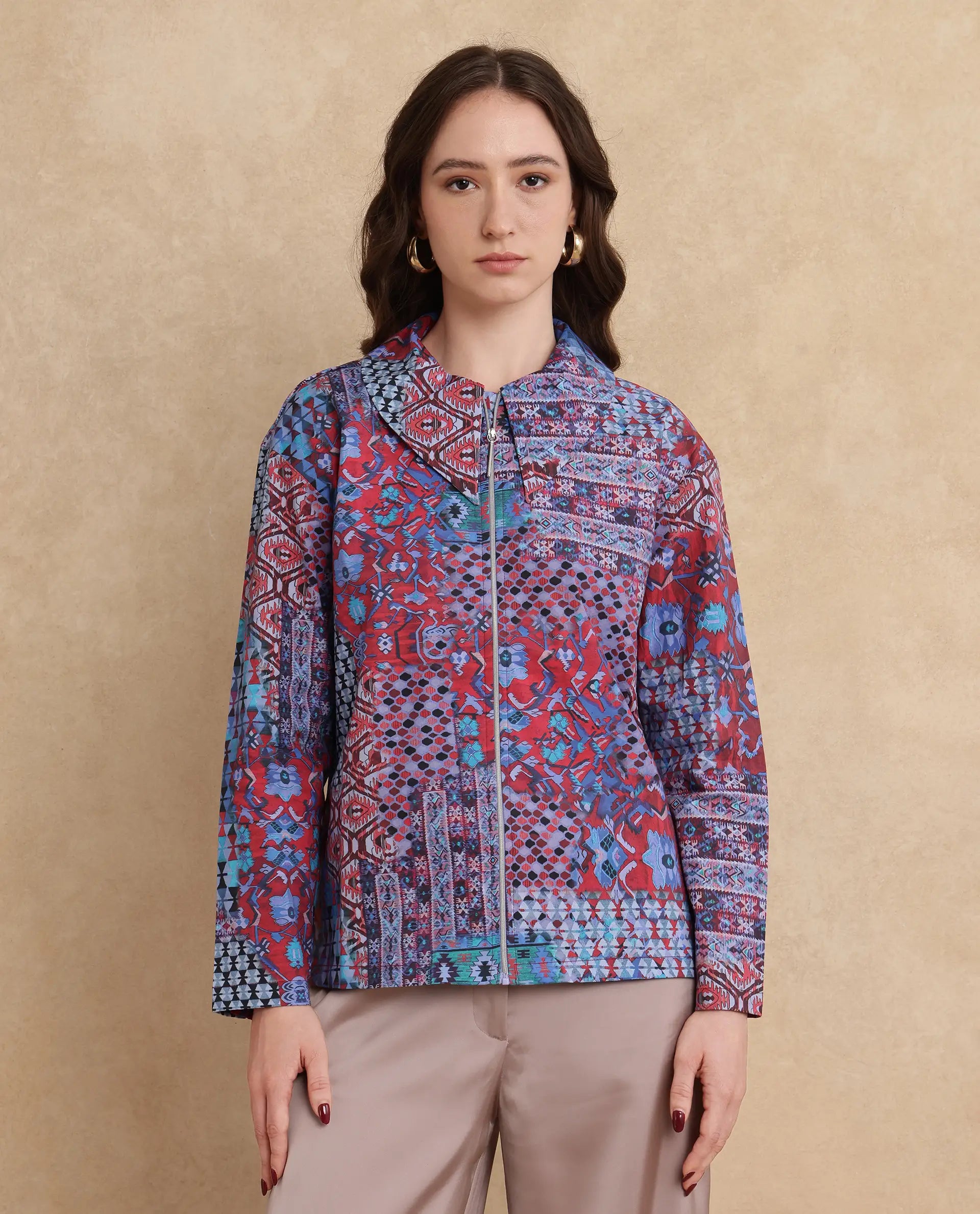 Rareism Women's Xany Multi Cotton Spread Collar Abstract Print Regular Fit Top