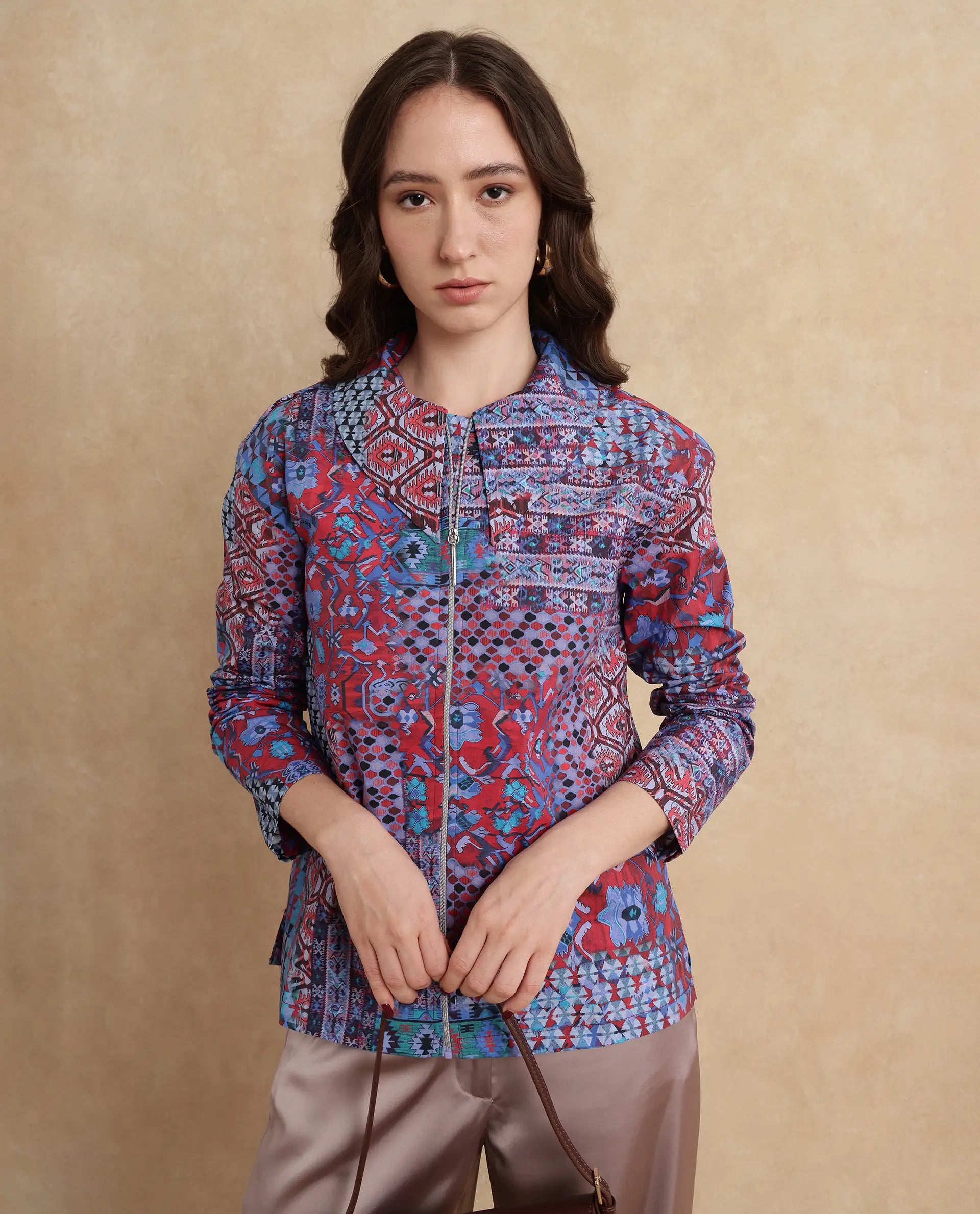Rareism Women's Xany Multi Cotton Spread Collar Abstract Print Regular Fit Top