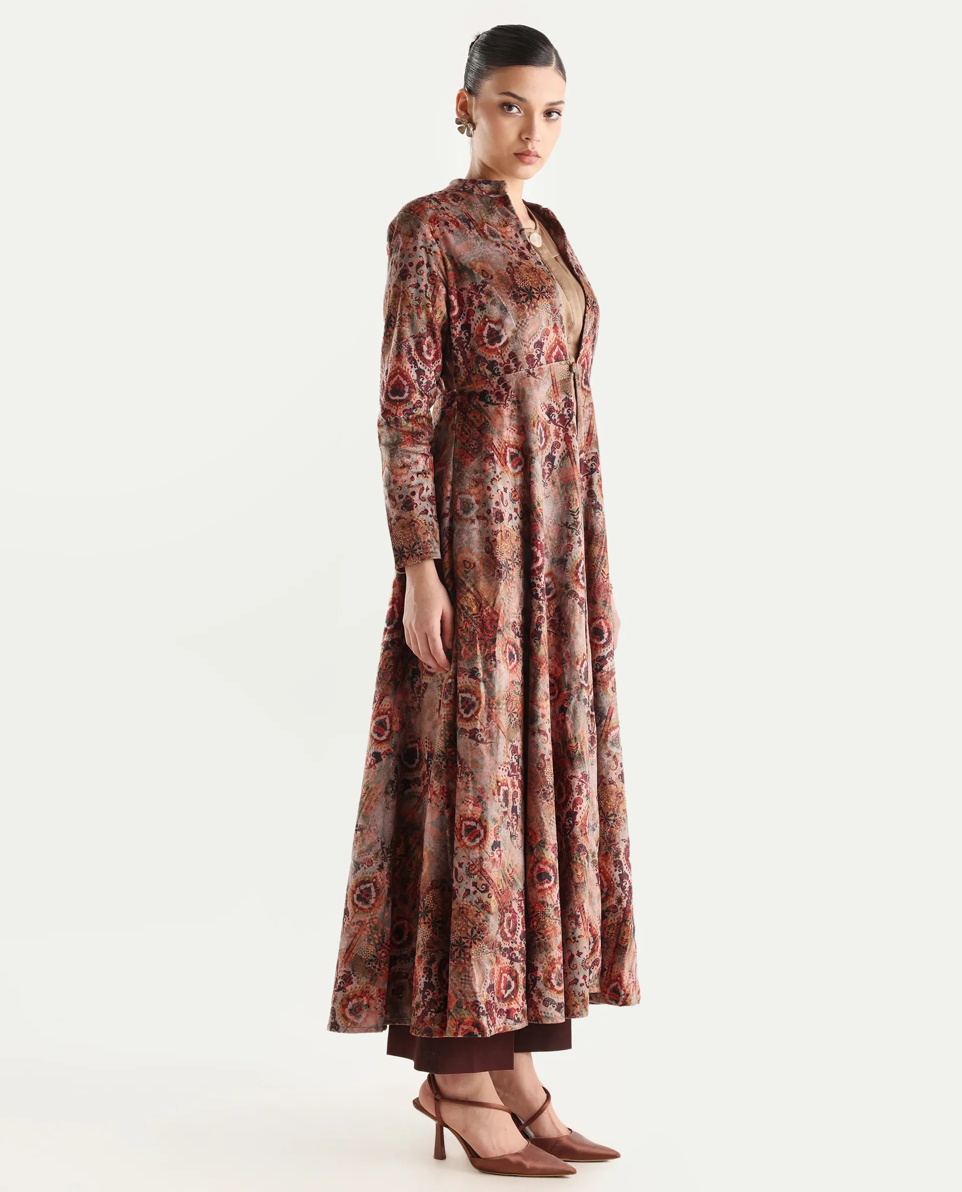 Rareism Women's Xaply Multi Velvet Collarless Abstract Print Maxi Flared Dress