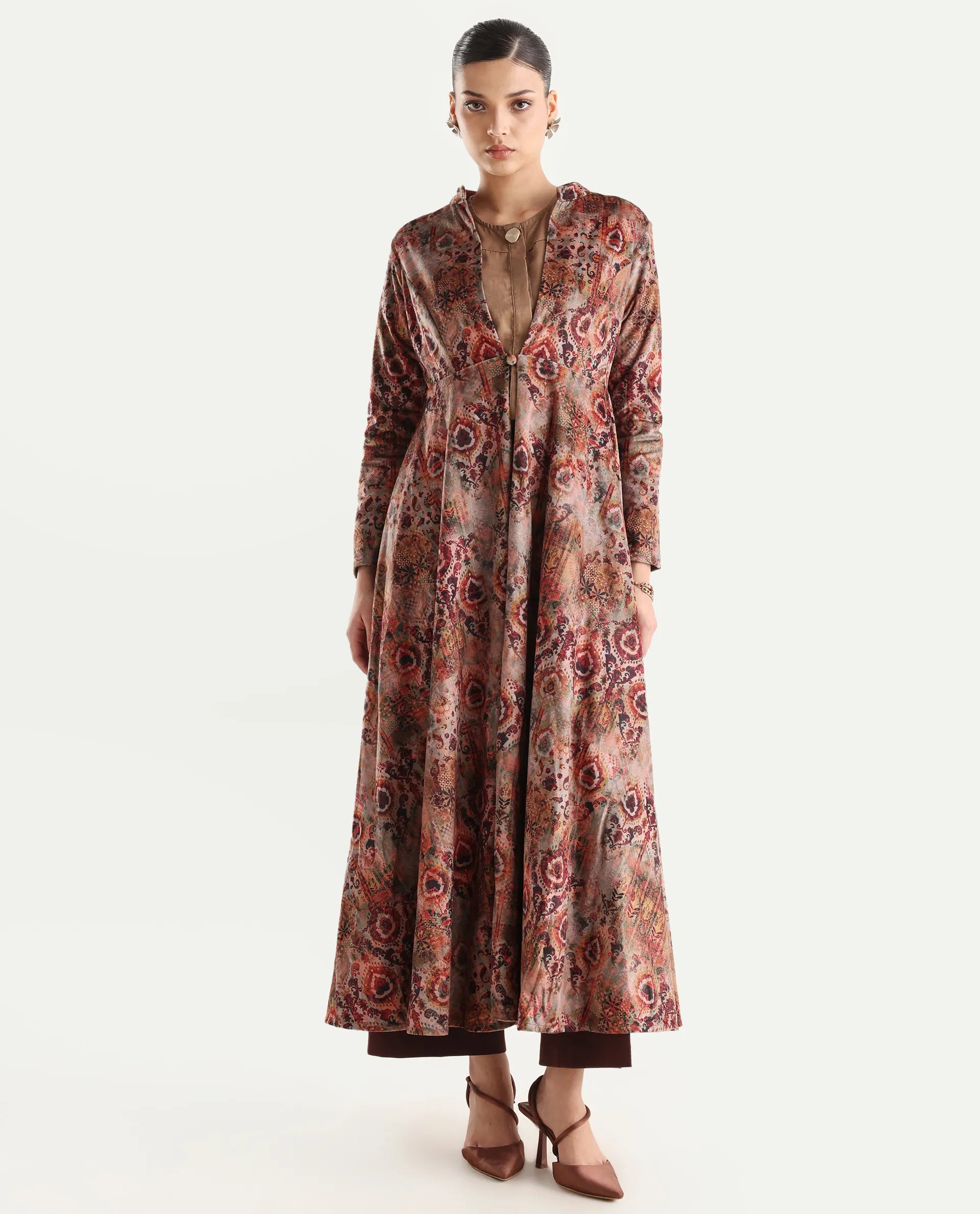 Rareism Women's Xaply Multi Velvet Collarless Abstract Print Maxi Flared Dress